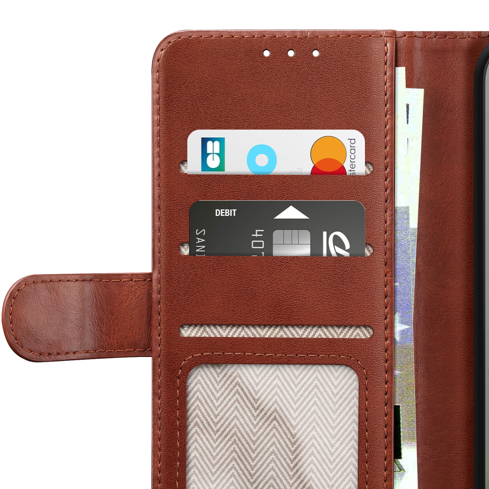 Funda de cuero marrón con ranuras para tarjetas, tarjeta de crédito y billetes.