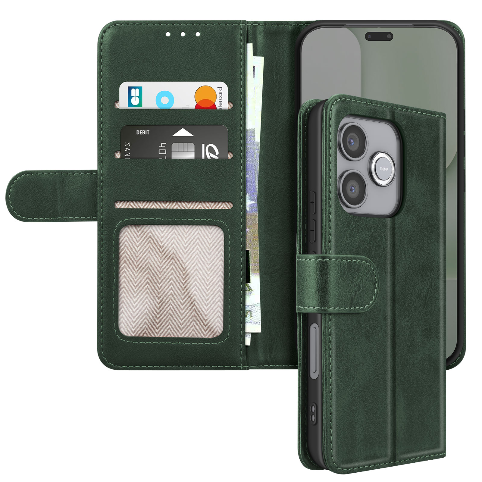 Dunkelgrüne Handyhülle im Brieftaschenstil mit Kartensteckplätzen und einem Handy.