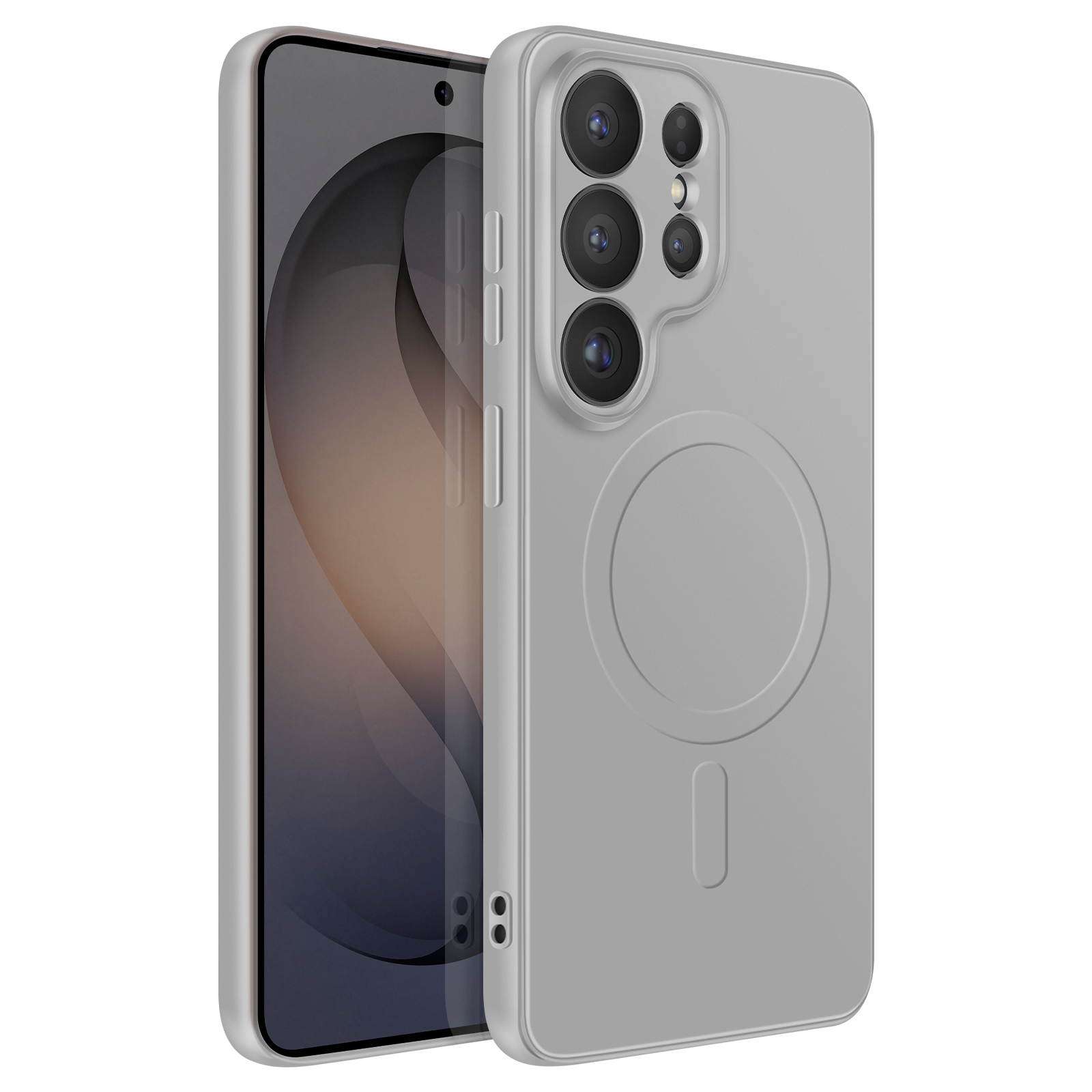 Ein silbernes Smartphone mit einer Hülle, die mit einem MagSafe-Ring auf der Rückseite versehen ist.