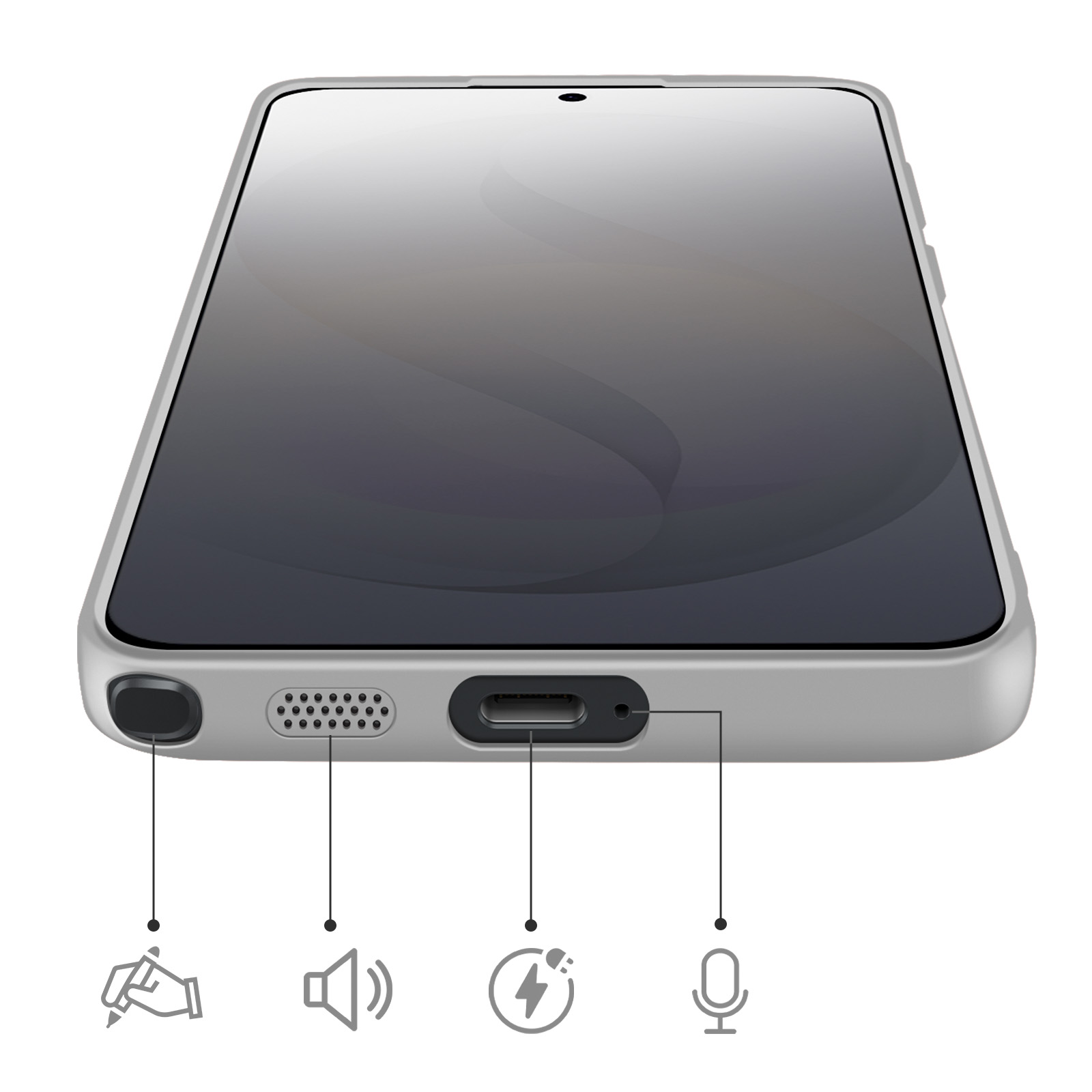 Nahaufnahme eines Smartphones mit Symbolen für Stift, Lautsprecher, Ladeanschluss und Mikrofon.