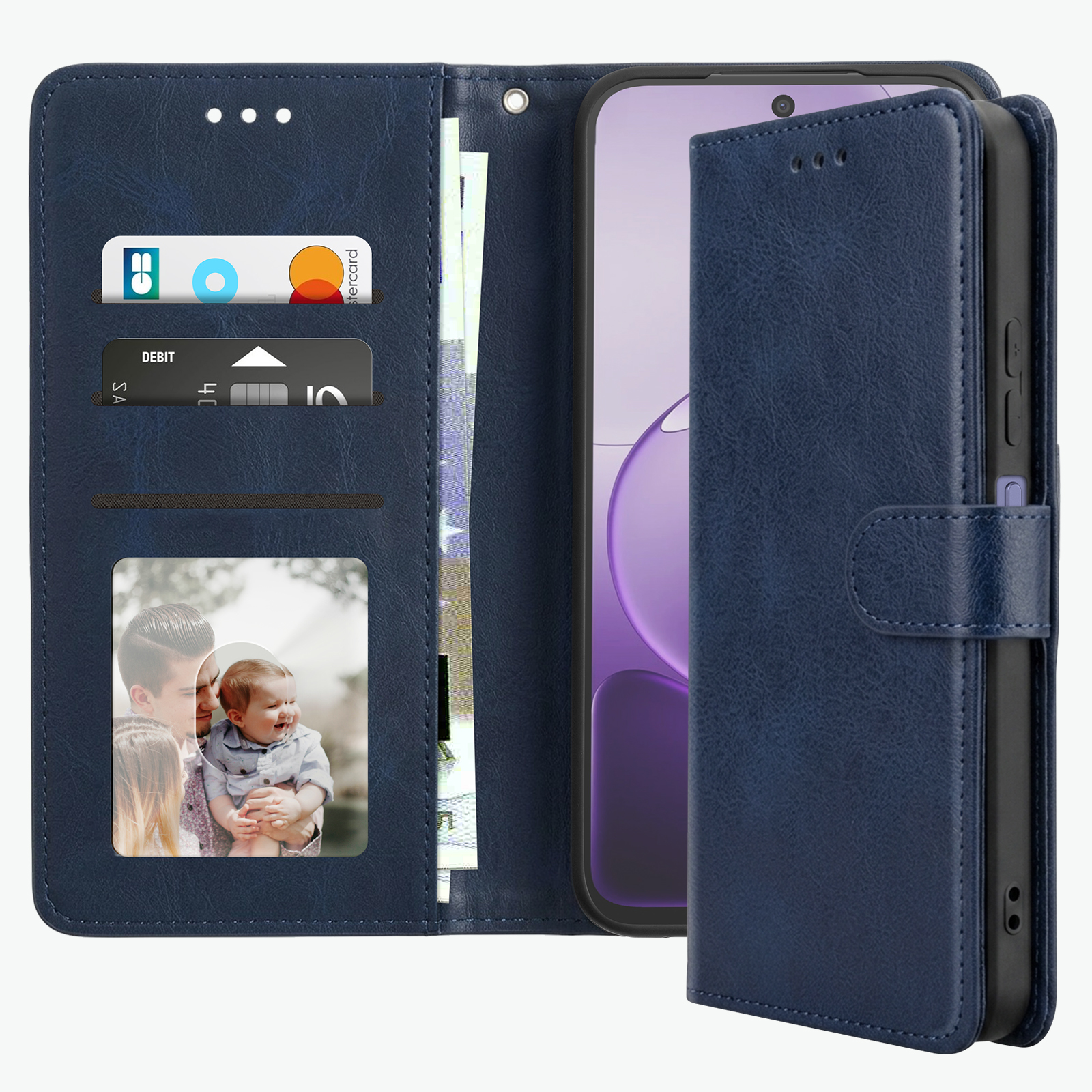 Blaue Handyhülle mit Kartenfächern, Geld und Familienfoto.