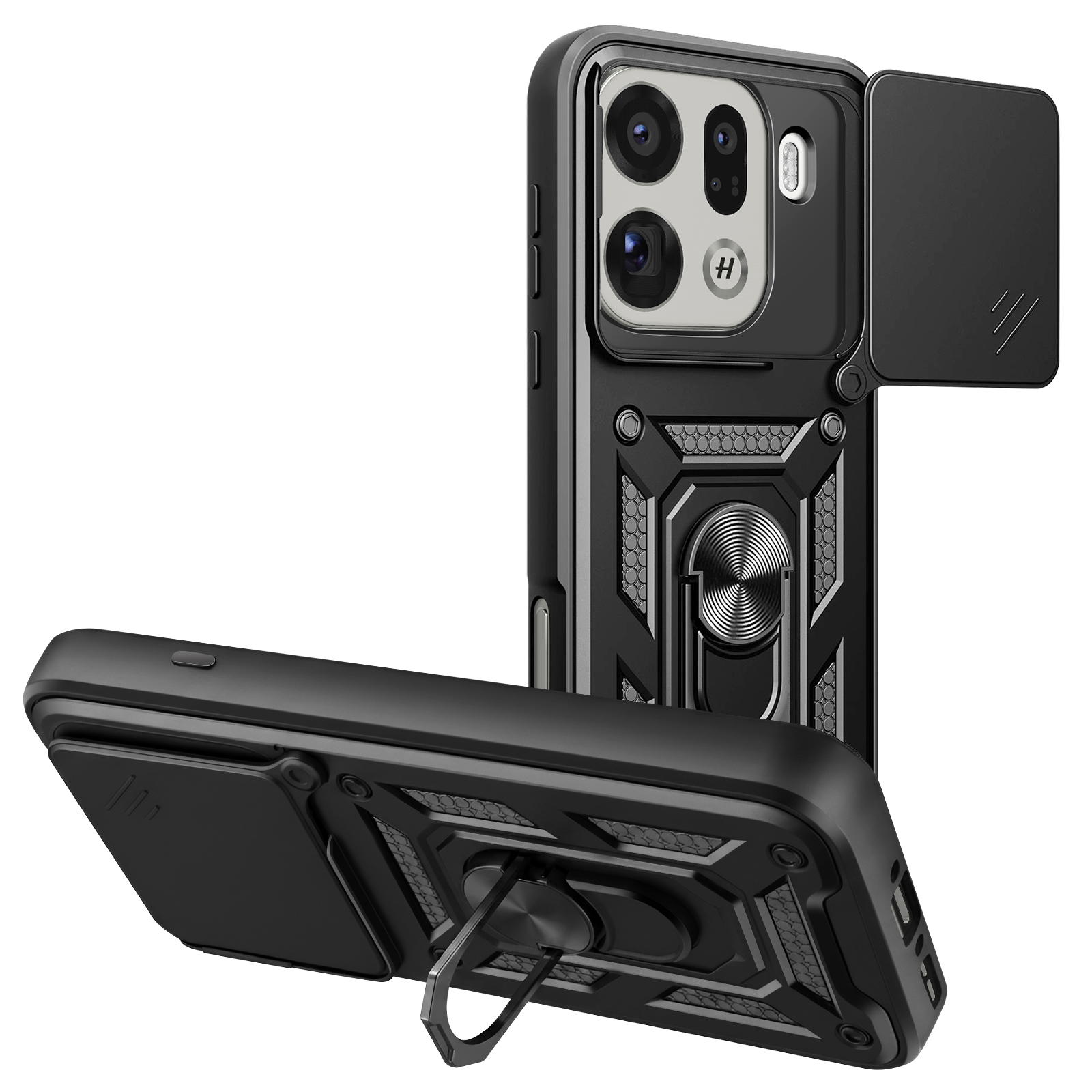 Funda negra para teléfono con cubierta de cámara, soporte de anillo y pie.