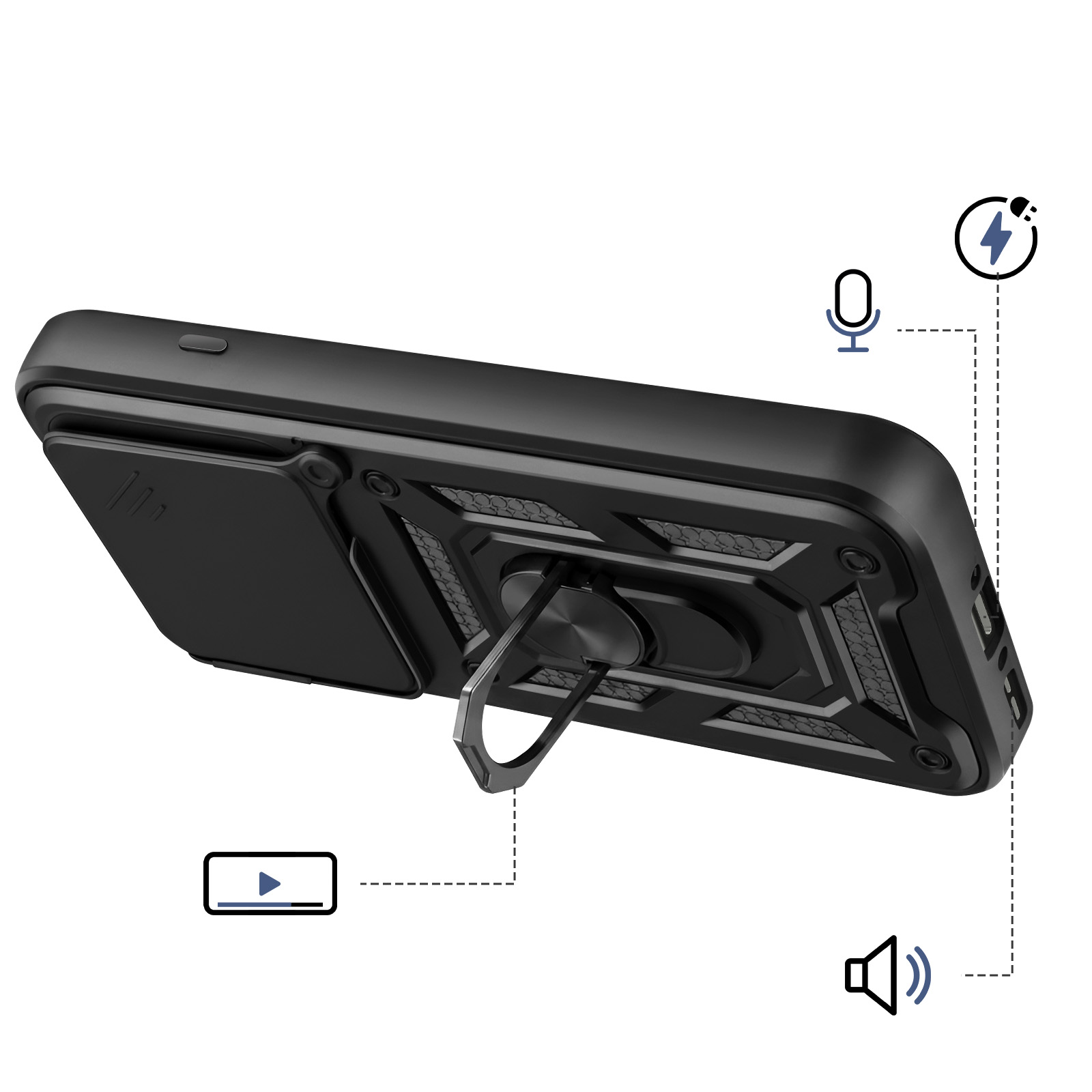 Funda de teléfono negra con soporte de anillo e iconos de micrófono, energía y altavoz.