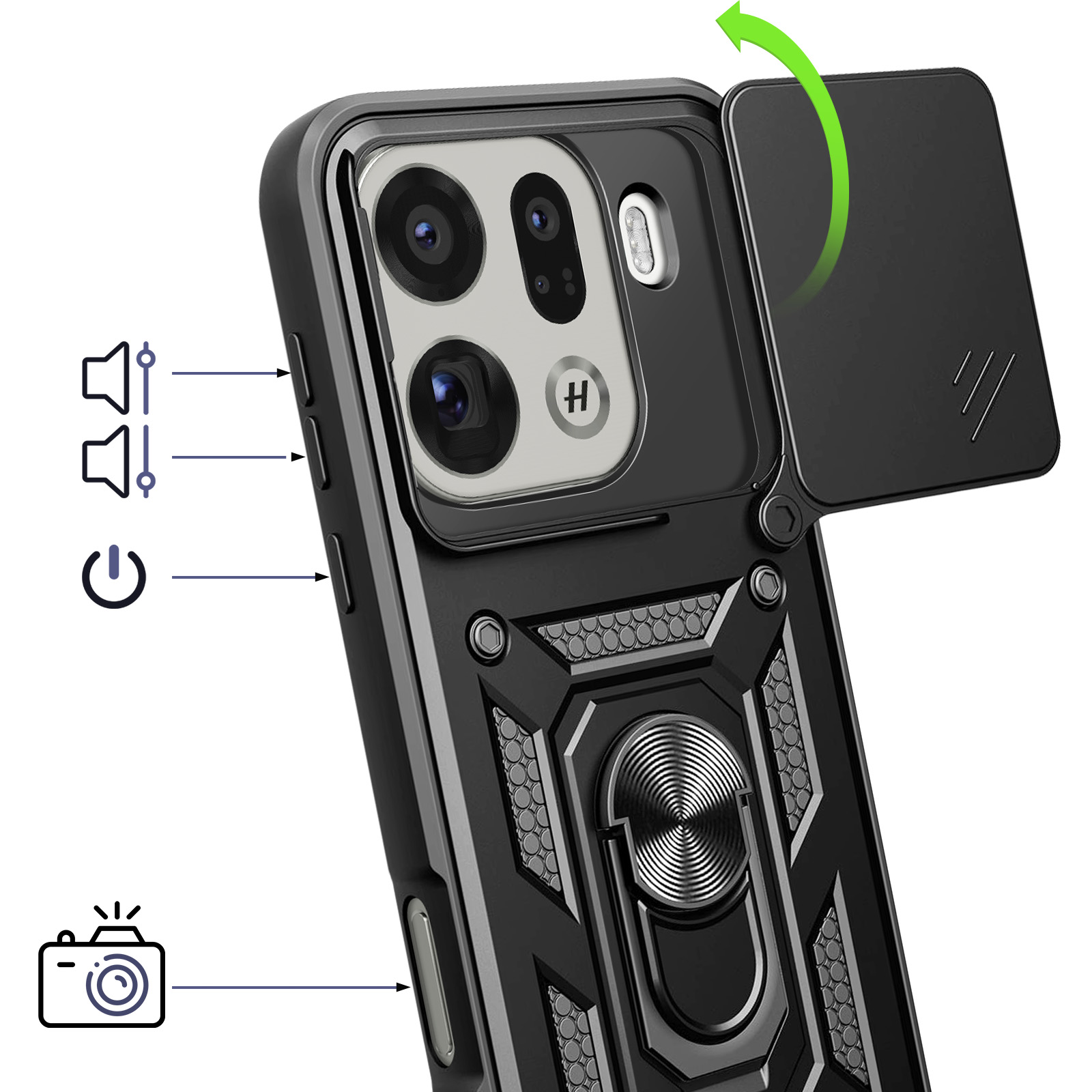 Funda de teléfono negra con cubierta de lente de cámara, soporte de anillo y botones.