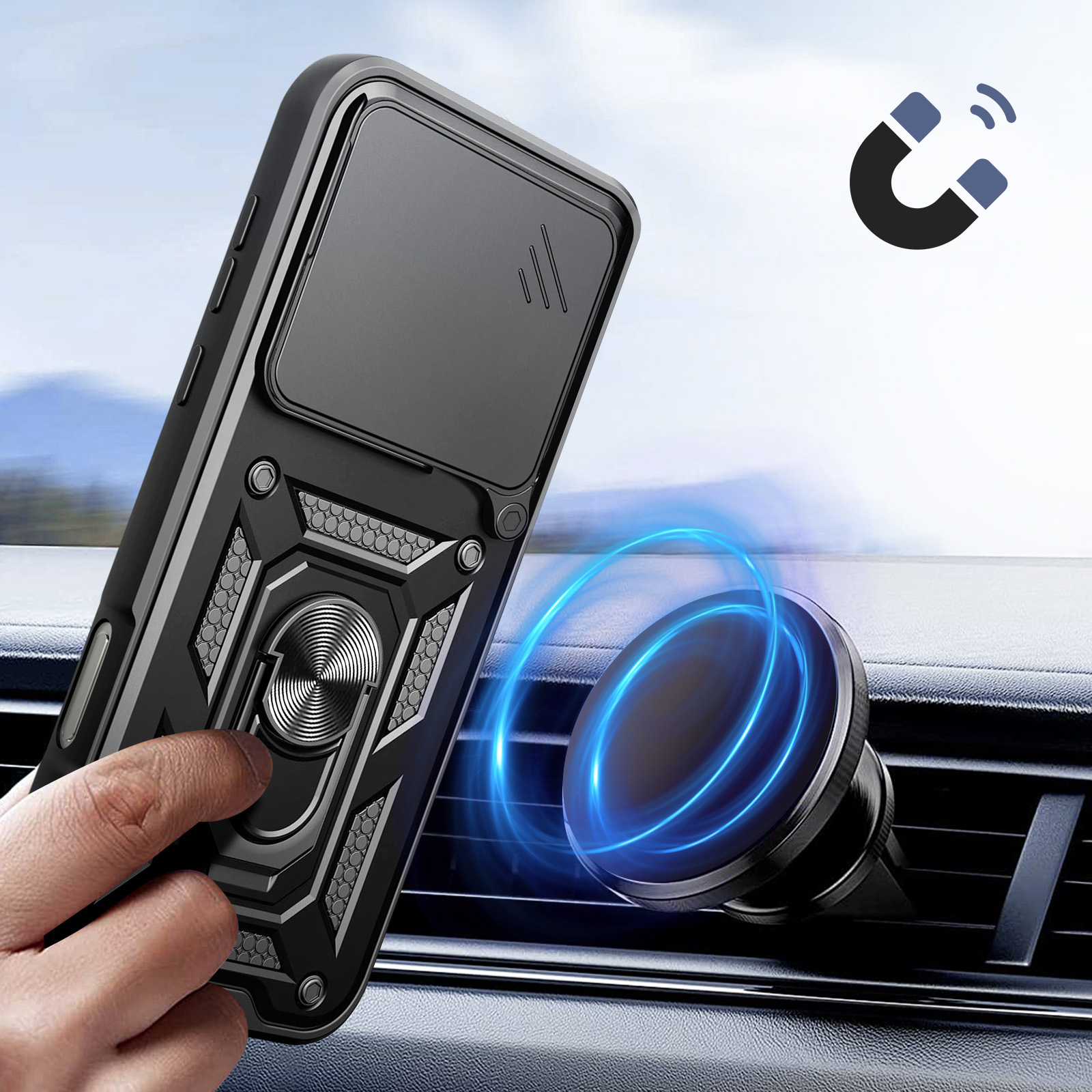 Funda negra para teléfono con tapa deslizante para cámara y soporte de anillo, cerca de ventilación de coche.