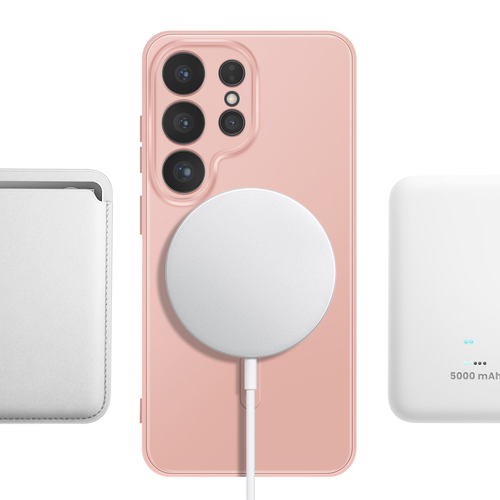 Ein rosa Smartphone mit MagSafe-Ladegerät, daneben eine weiße Hülle und ein weißer Akku.
