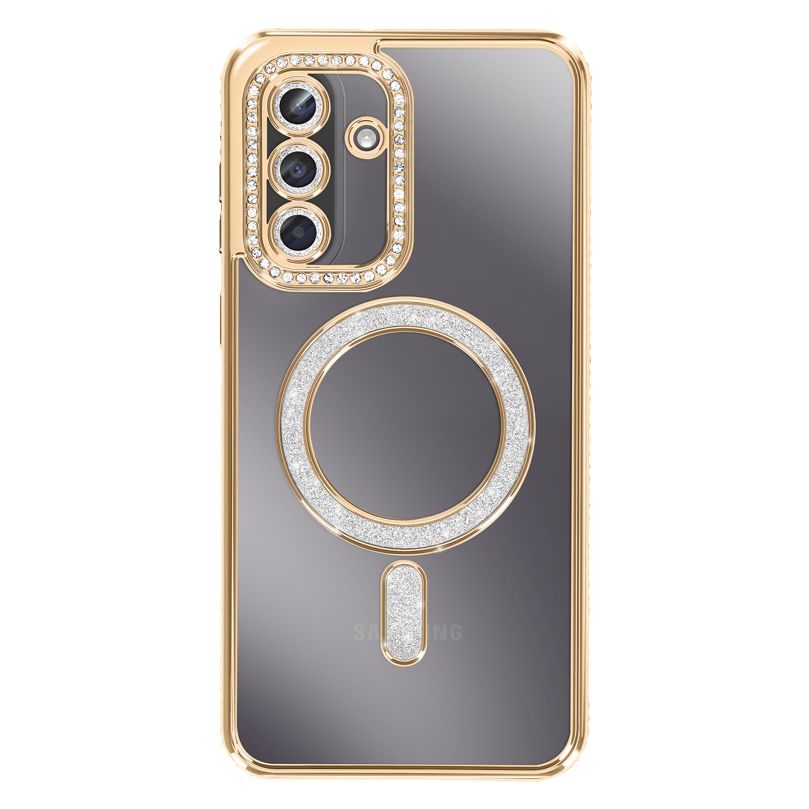 Goldene Handyhülle mit drei Kameras, Kristallen und glitzerndem Ring.