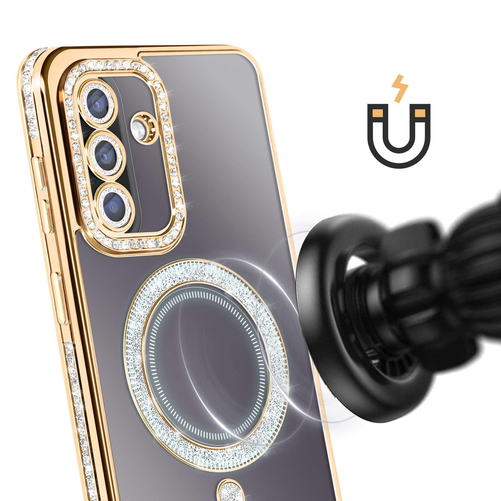 Goldene Handyhülle mit Diamanten, Kamera und Magnetring.