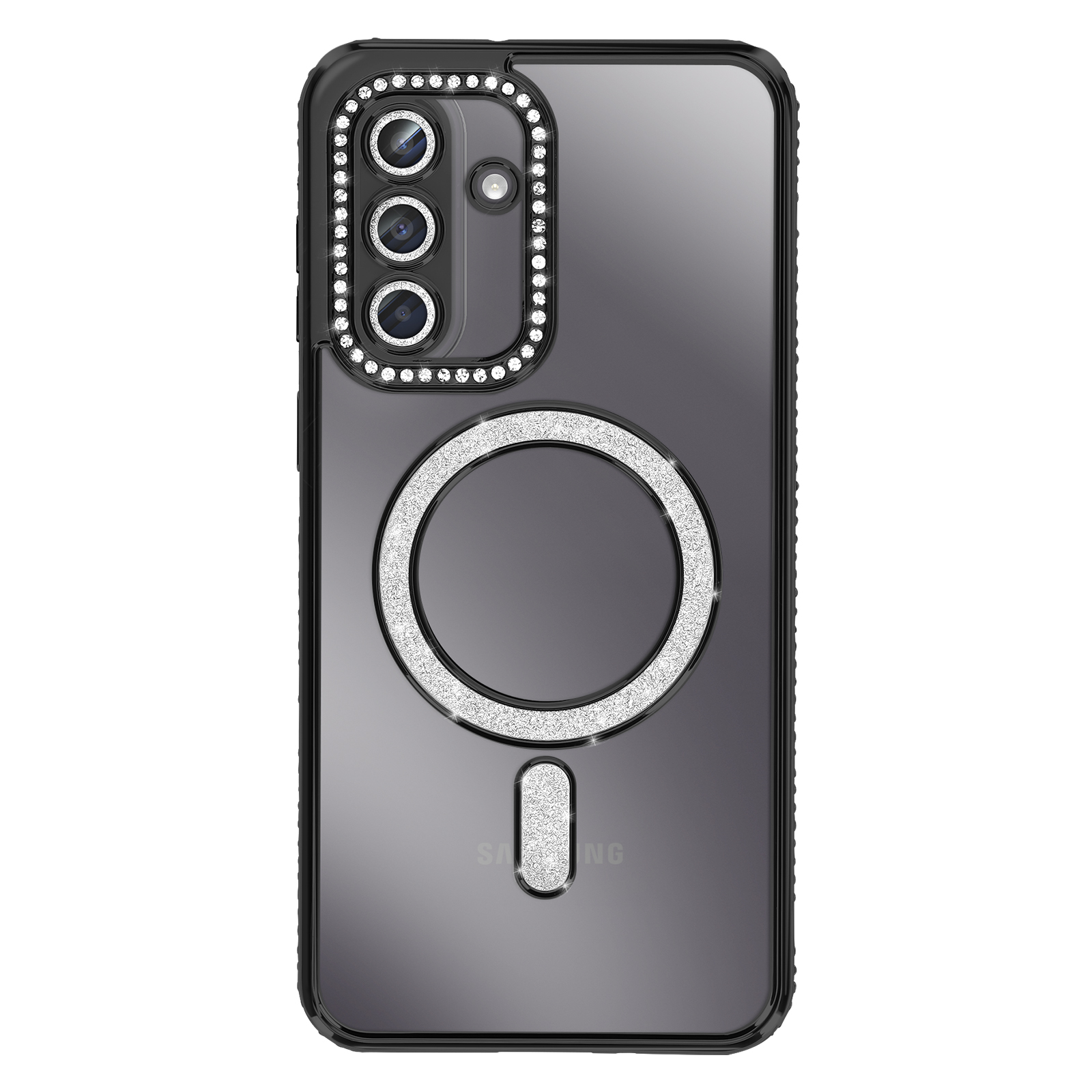 Funda negra para teléfono con anillo brillante en la cámara y soporte.