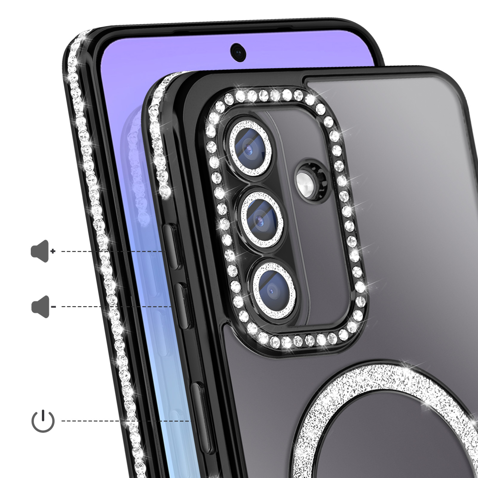 Funda negra para teléfono con pedrería alrededor de la cámara y soporte de anillo.