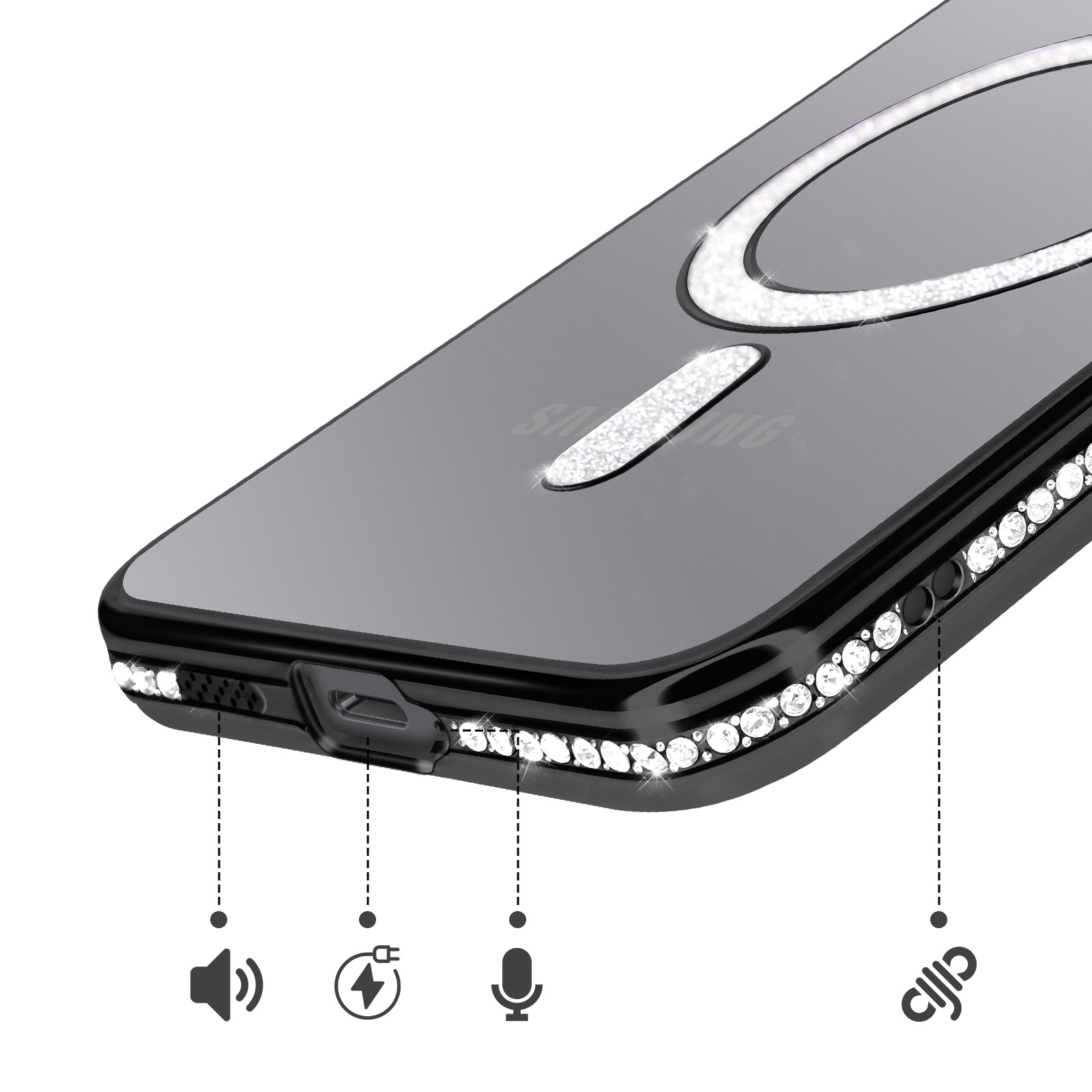 Funda de teléfono negra con pedrería, puerto de carga, micrófono y altavoz.