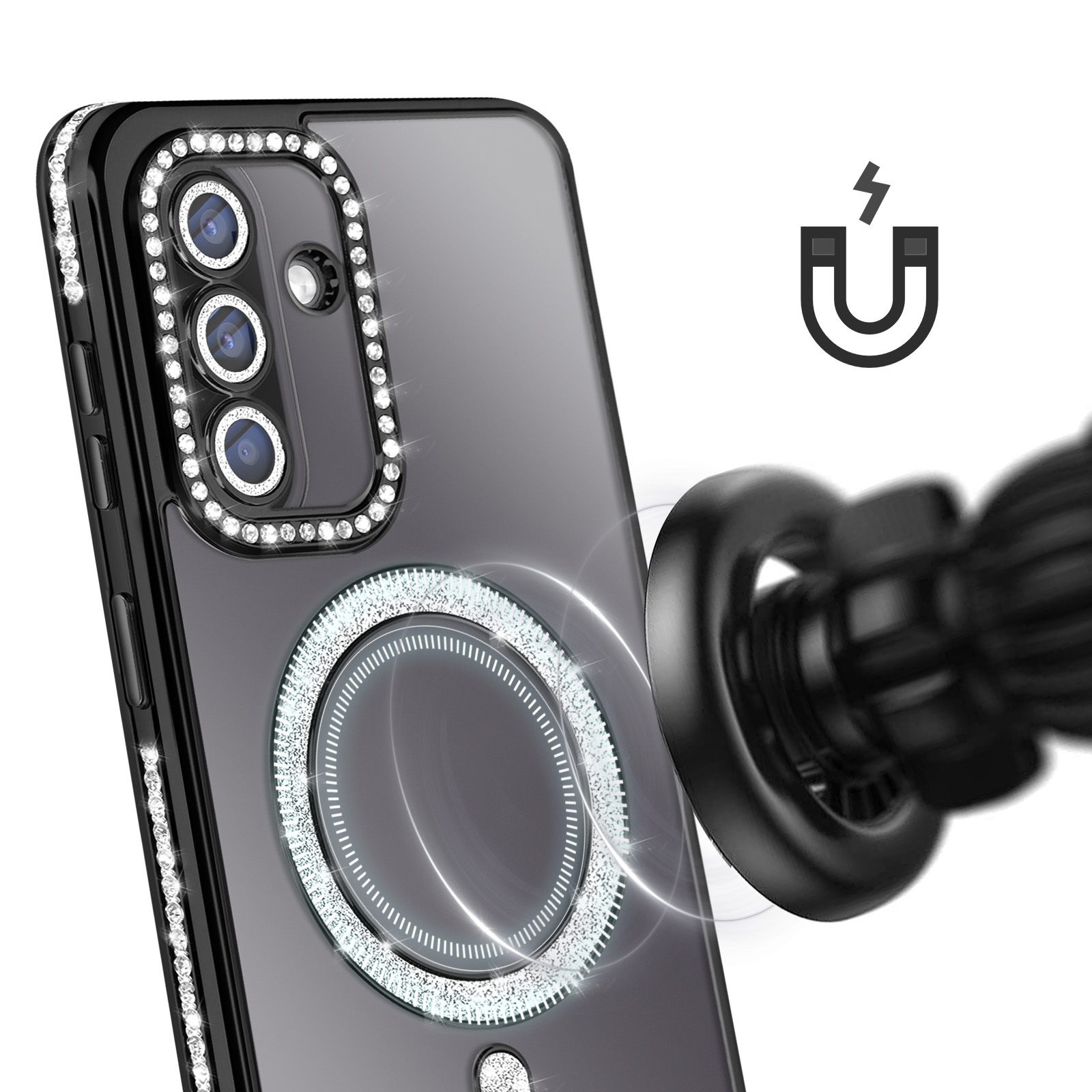 Teléfono negro con borde brillante y anillo magnético. Símbolo de imán.