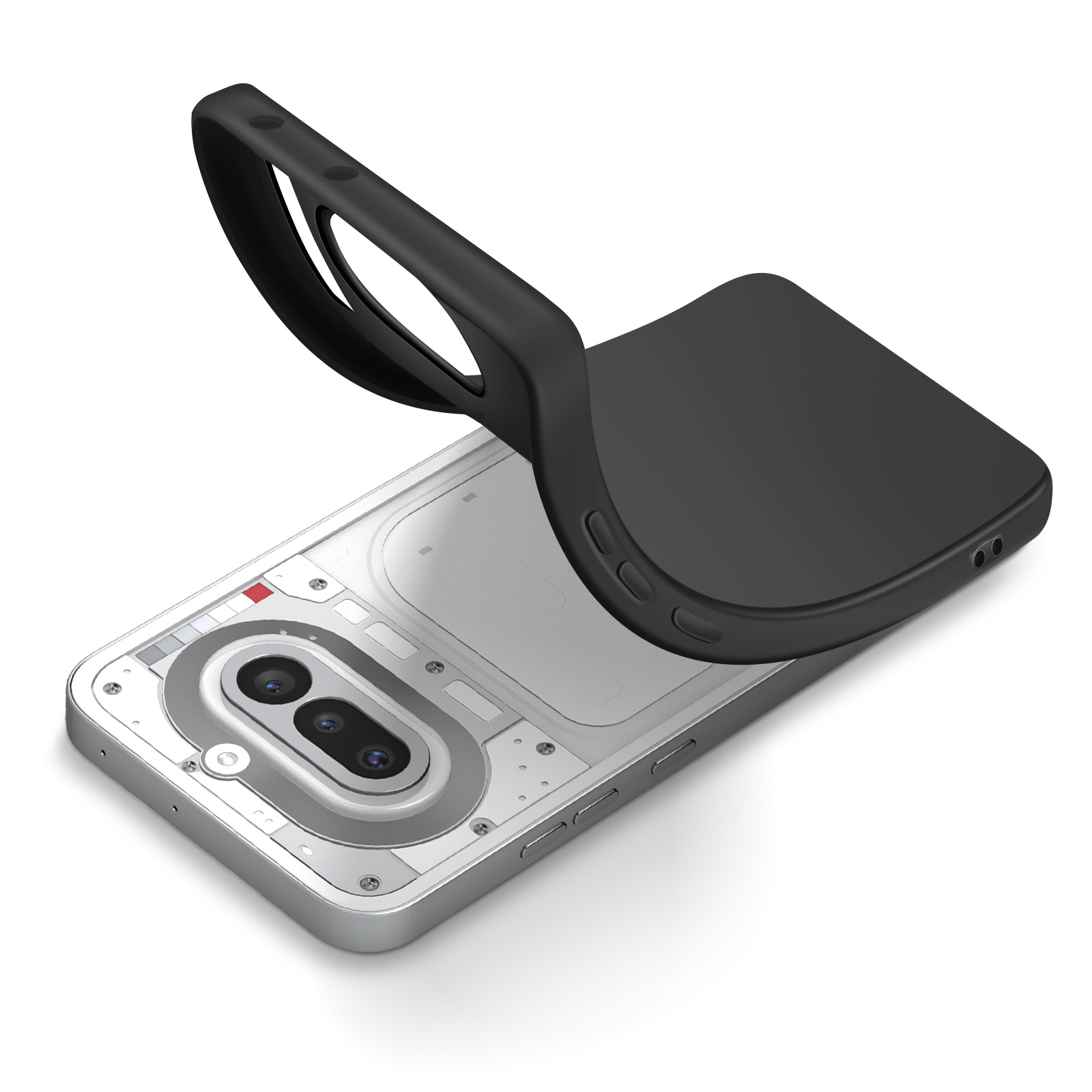 Schwarze Handyhülle über einem silbernen Smartphone mit Kameras.