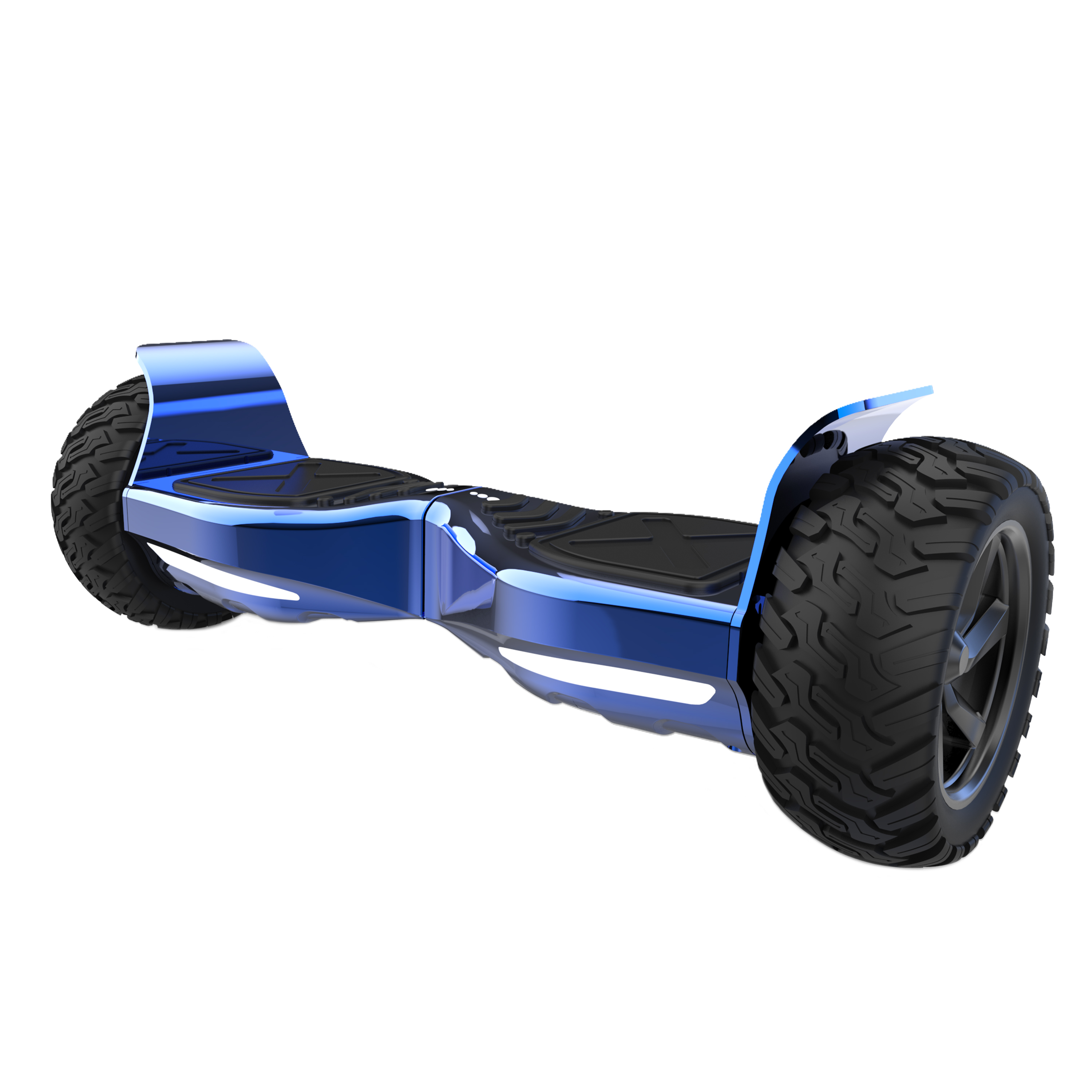 Ein glänzender blauer Hoverboard mit großen, grobstolligen Reifen auf weißem Hintergrund.
