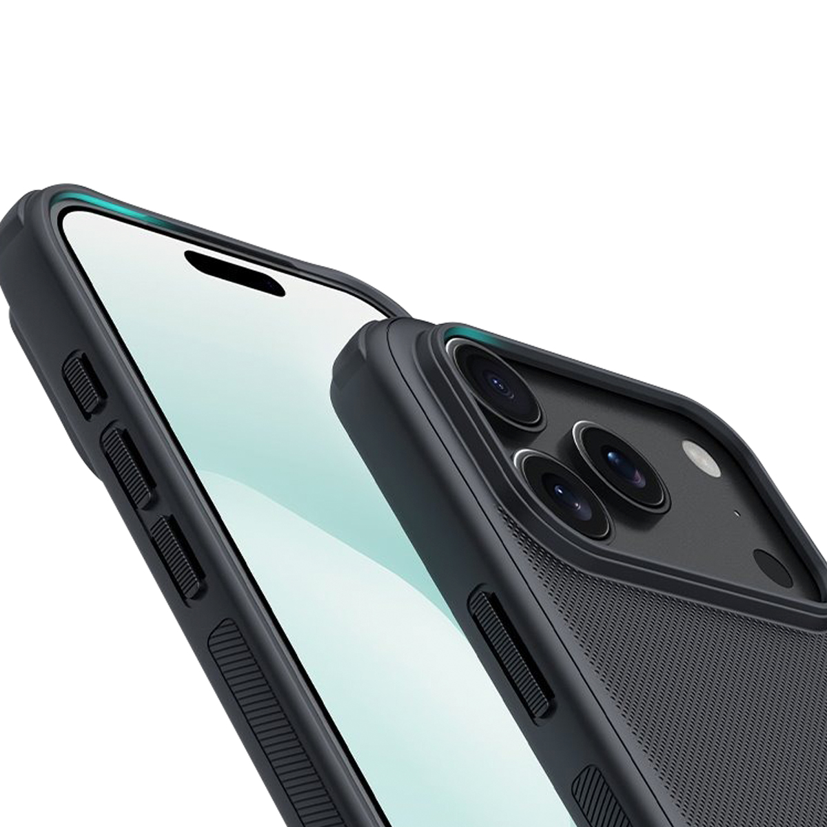 Dunkelgraues Handy mit schwarzem Kameraschutz und blaugrünem Rand.