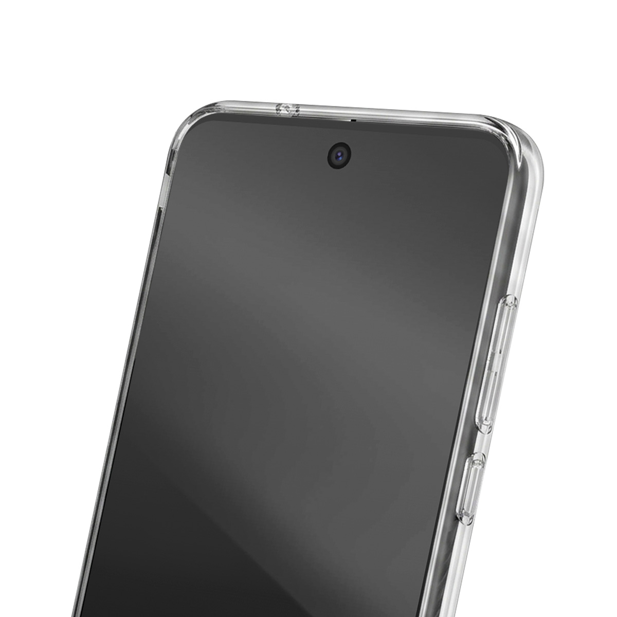 Funda transparente en un smartphone mostrando cámara frontal y botones de volumen.