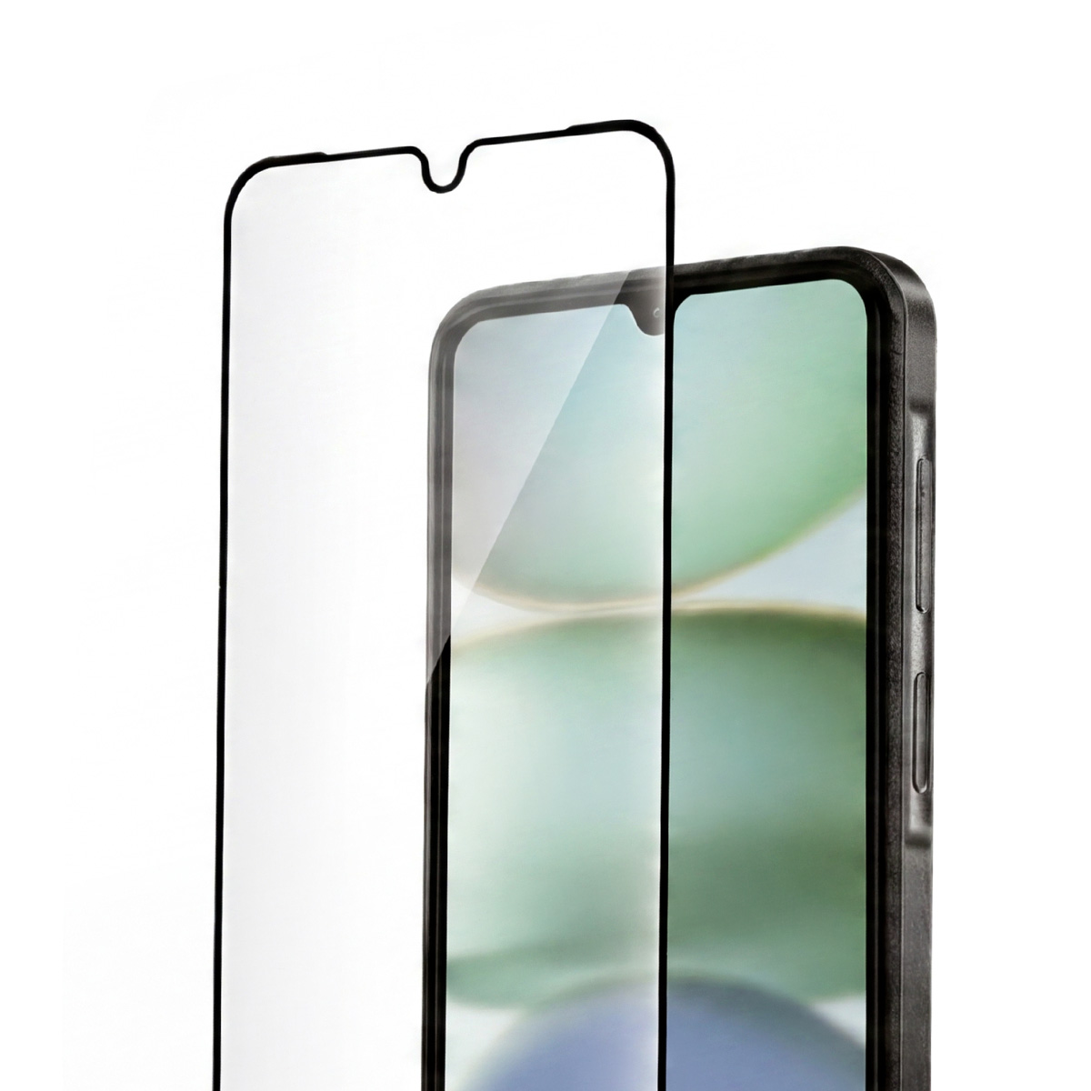 Un smartphone con protector de pantalla, sobre fondo blanco.