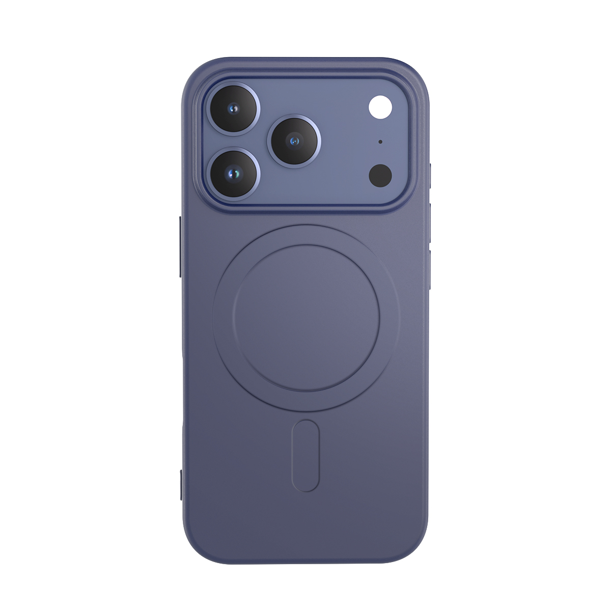 Una funda morada para teléfono con un círculo y óvalo vertical en el centro.
