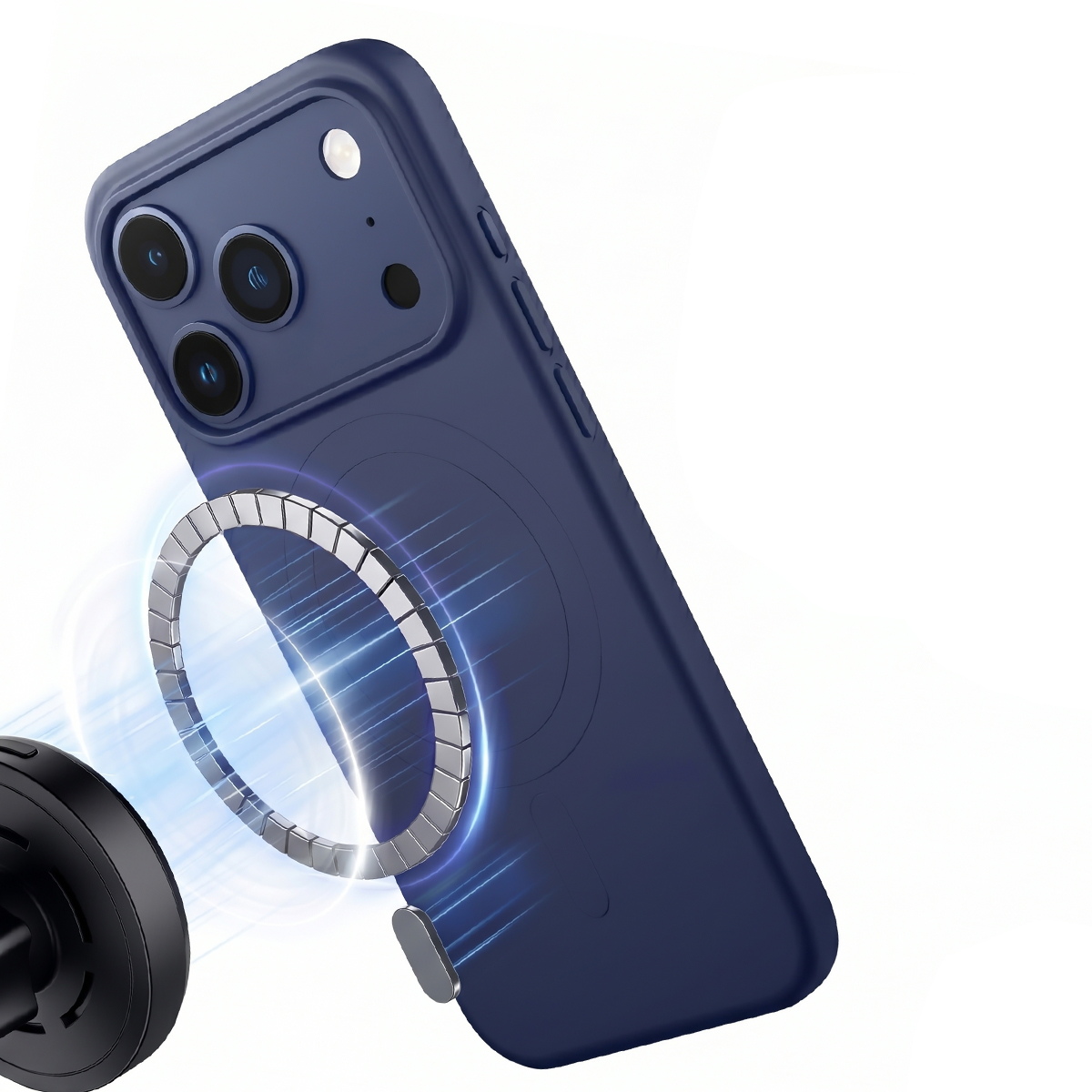 Se muestra una funda de teléfono azul oscuro con un anillo magnético plateado uniéndose a un soporte de coche negro.