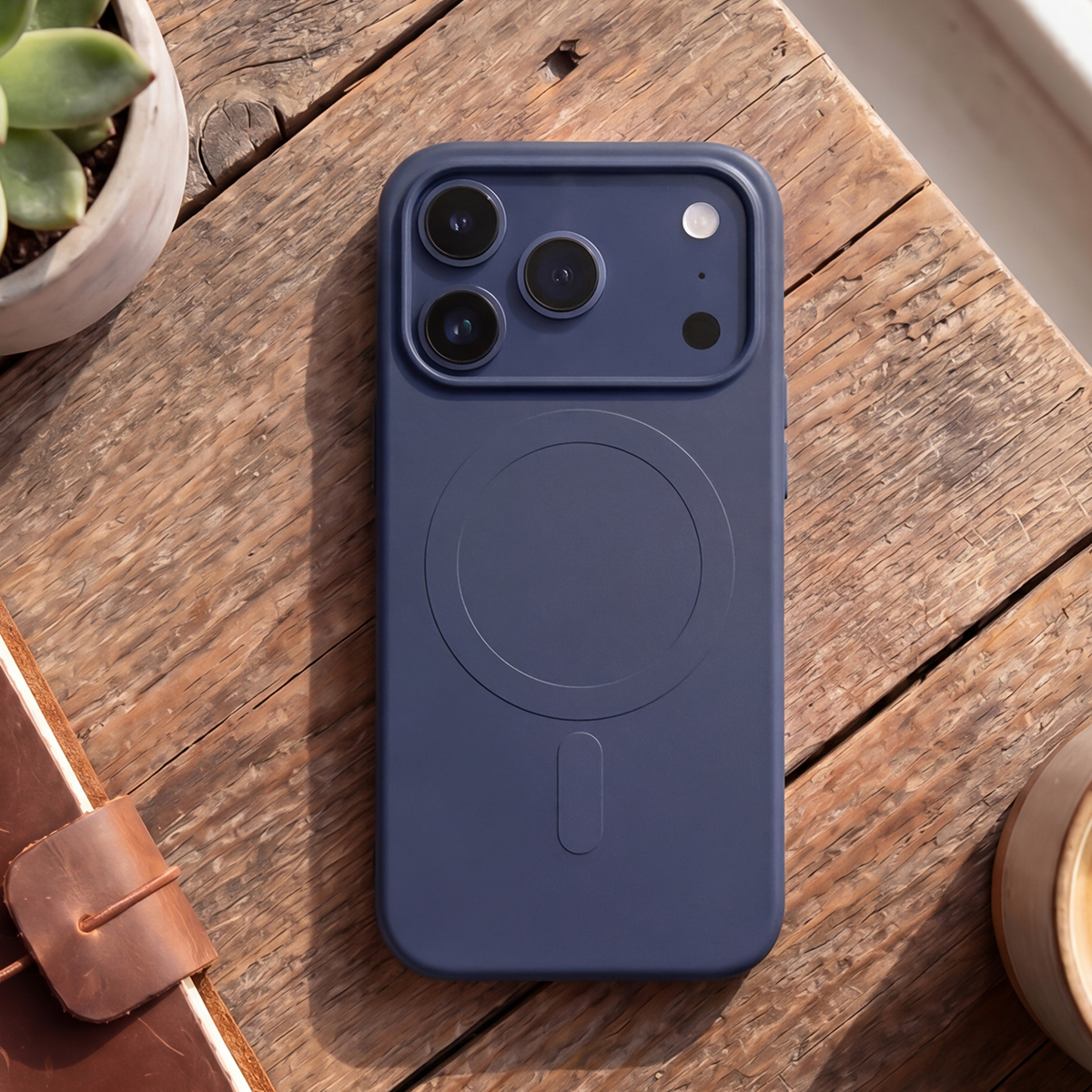 Funda azul oscuro con tres cámaras en mesa de madera junto a planta y café.