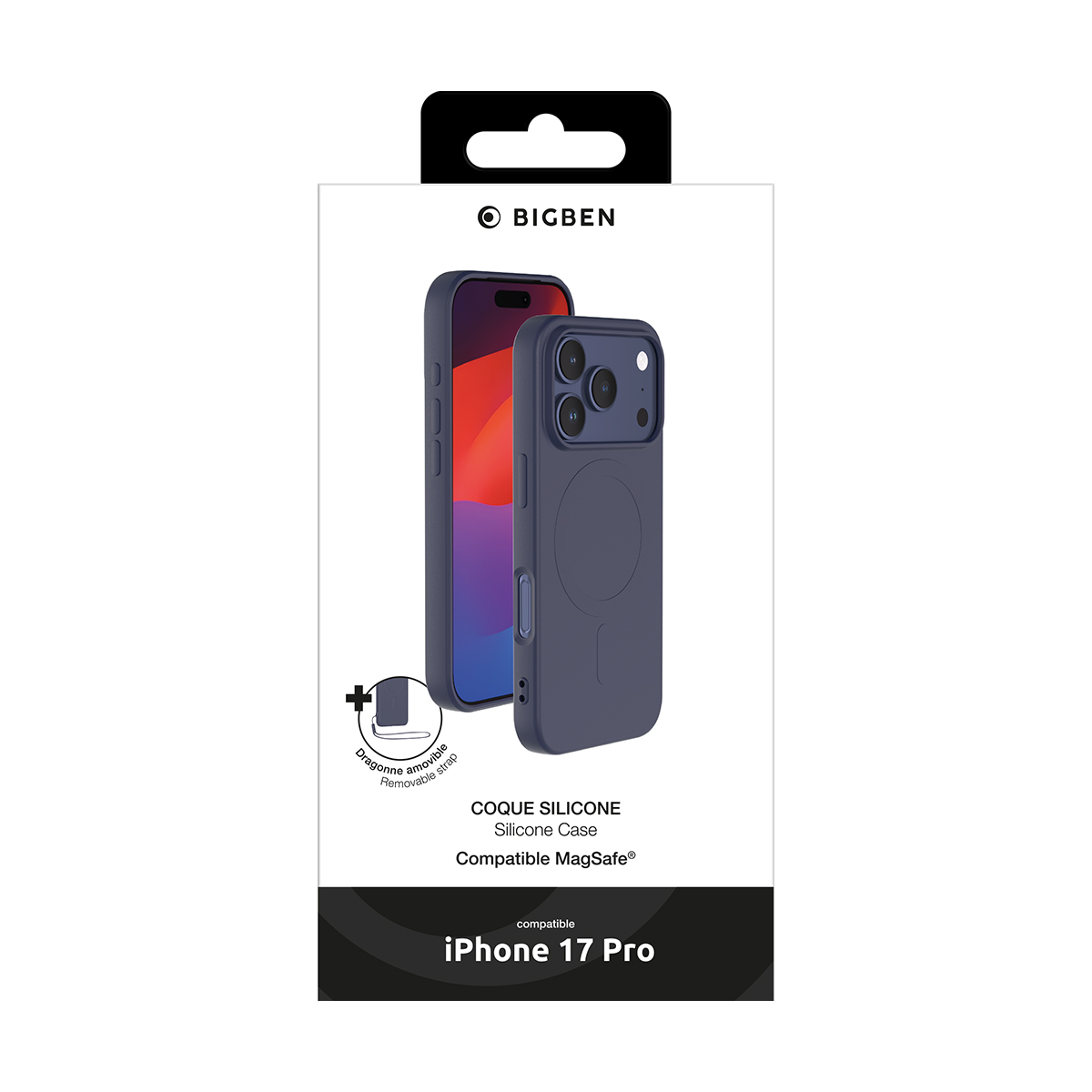 Funda de silicona azul oscuro para iPhone 17 Pro con correa extraíble y compatibilidad MagSafe.