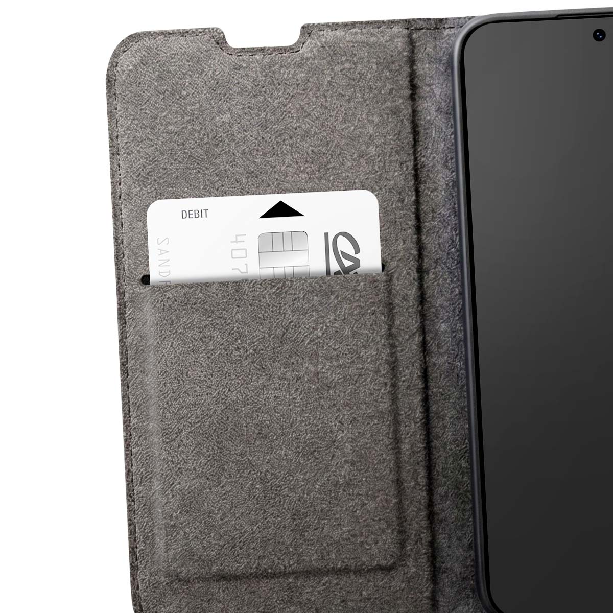 Funda de fieltro gris con ranura para tarjeta en la que cabe una tarjeta blanca.