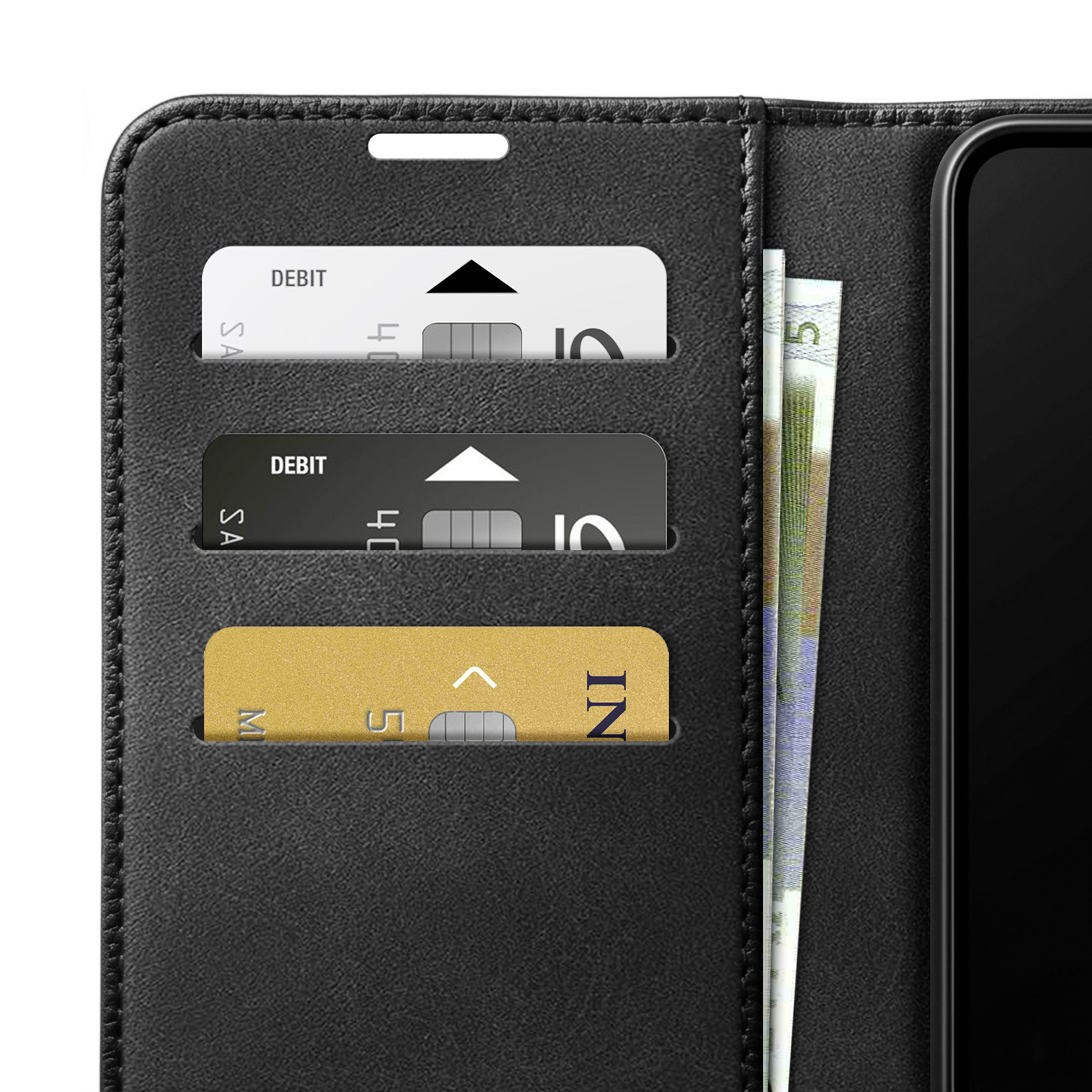 Schwarzes Lederetui für ein Smartphone mit Kartenschlitzen und Geldscheinen.
