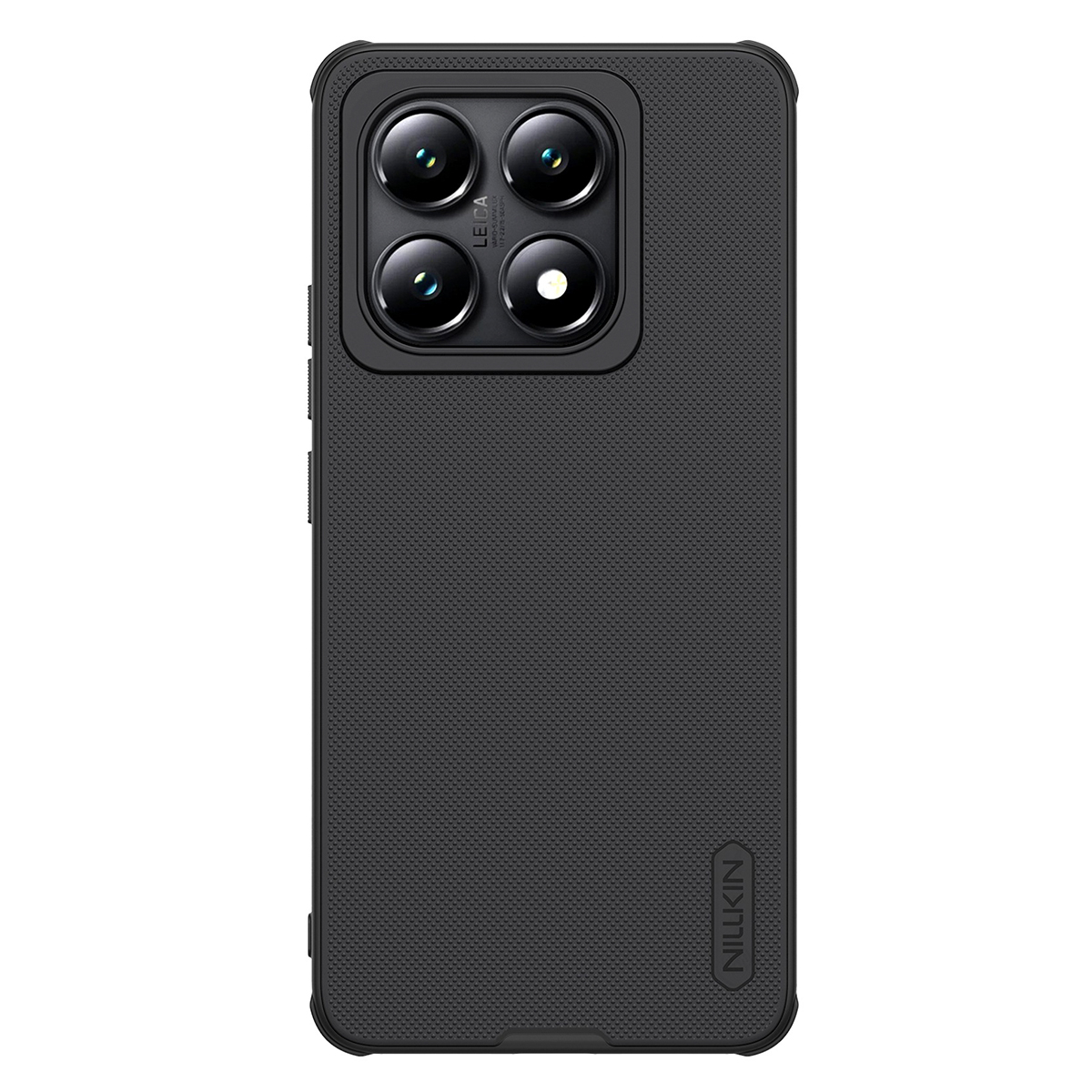 Teléfono negro con cuatro cámaras y logo NILLKIN. Parte trasera texturizada.