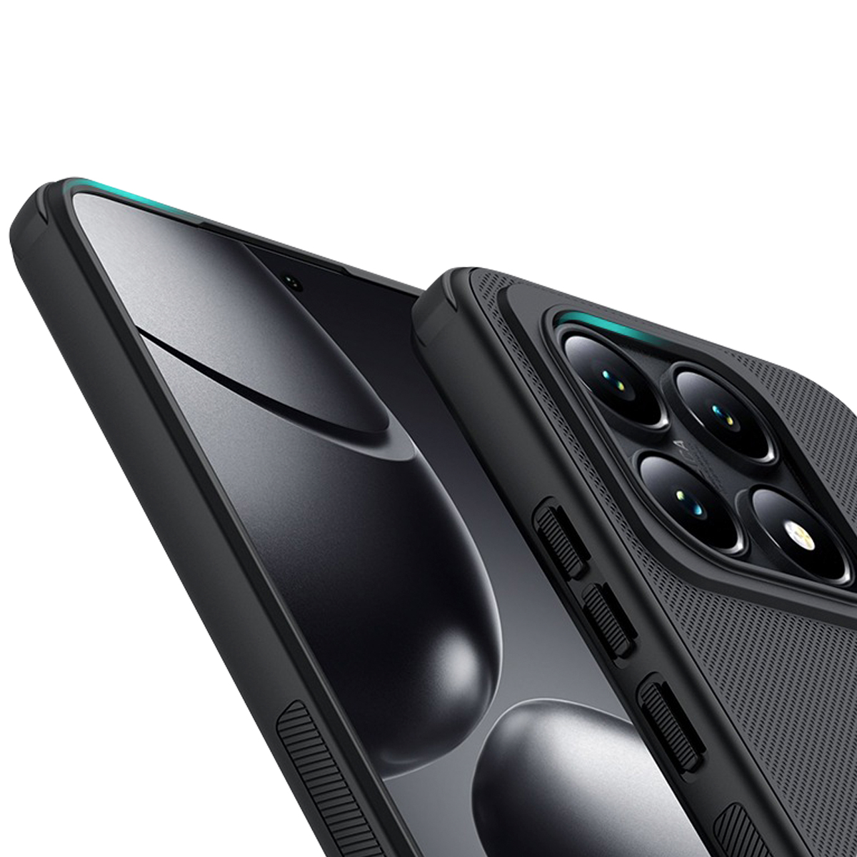 Funda de teléfono negra con cuatro cámaras y lados texturizados.