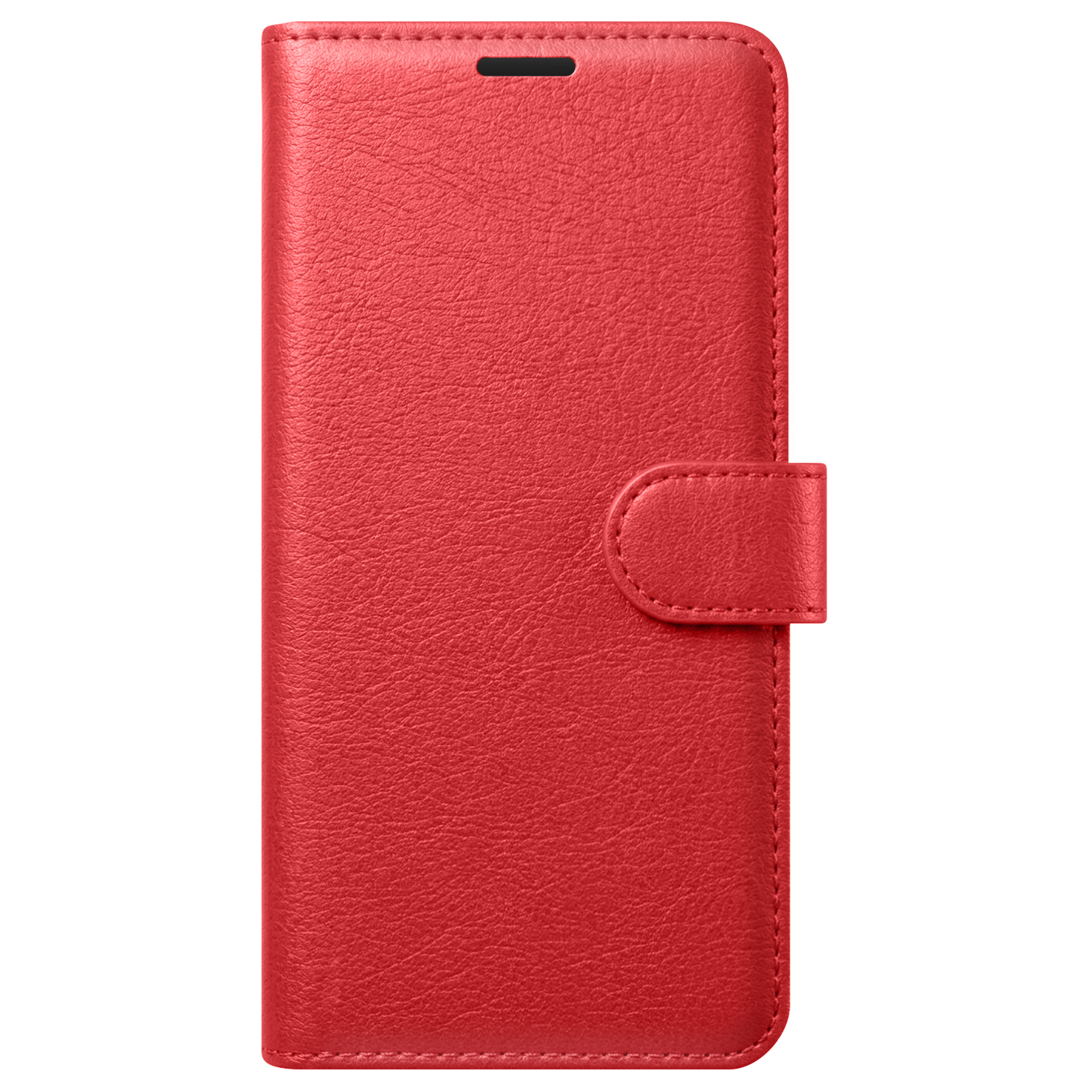 Funda roja de cuero para teléfono con tapa y cierre a presión.