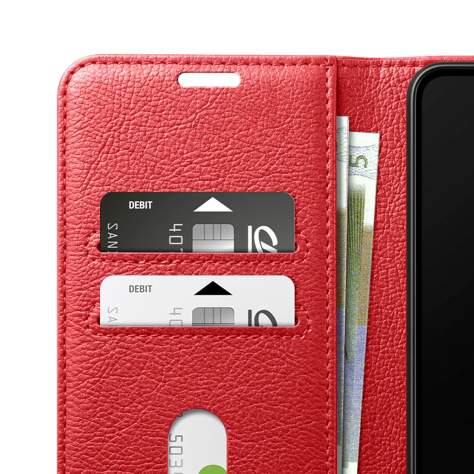 Cartera de cuero roja con ranuras para tarjetas, billetes y un smartphone negro.