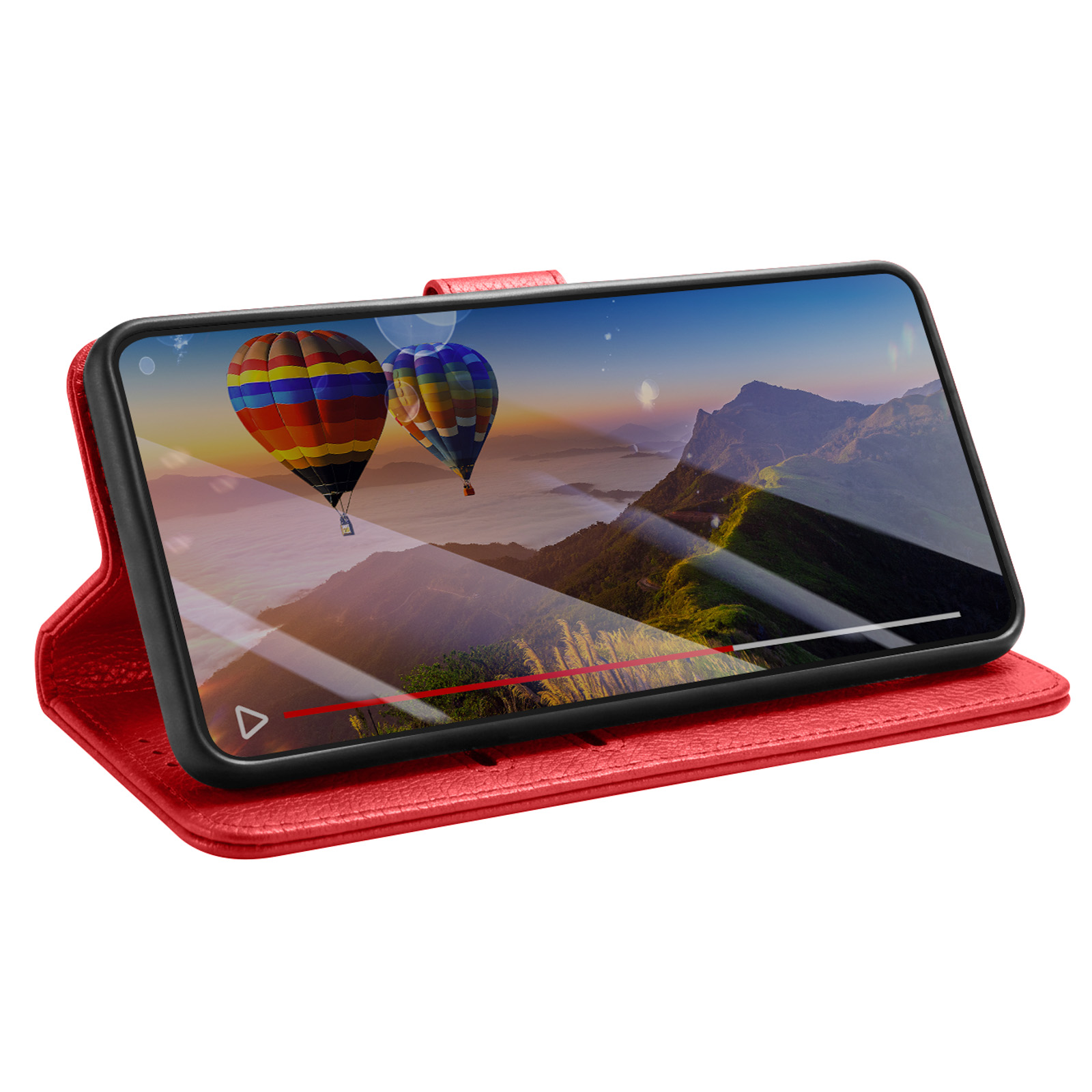 Un smartphone rojo en un estuche muestra globos aerostáticos coloridos sobre montañas.