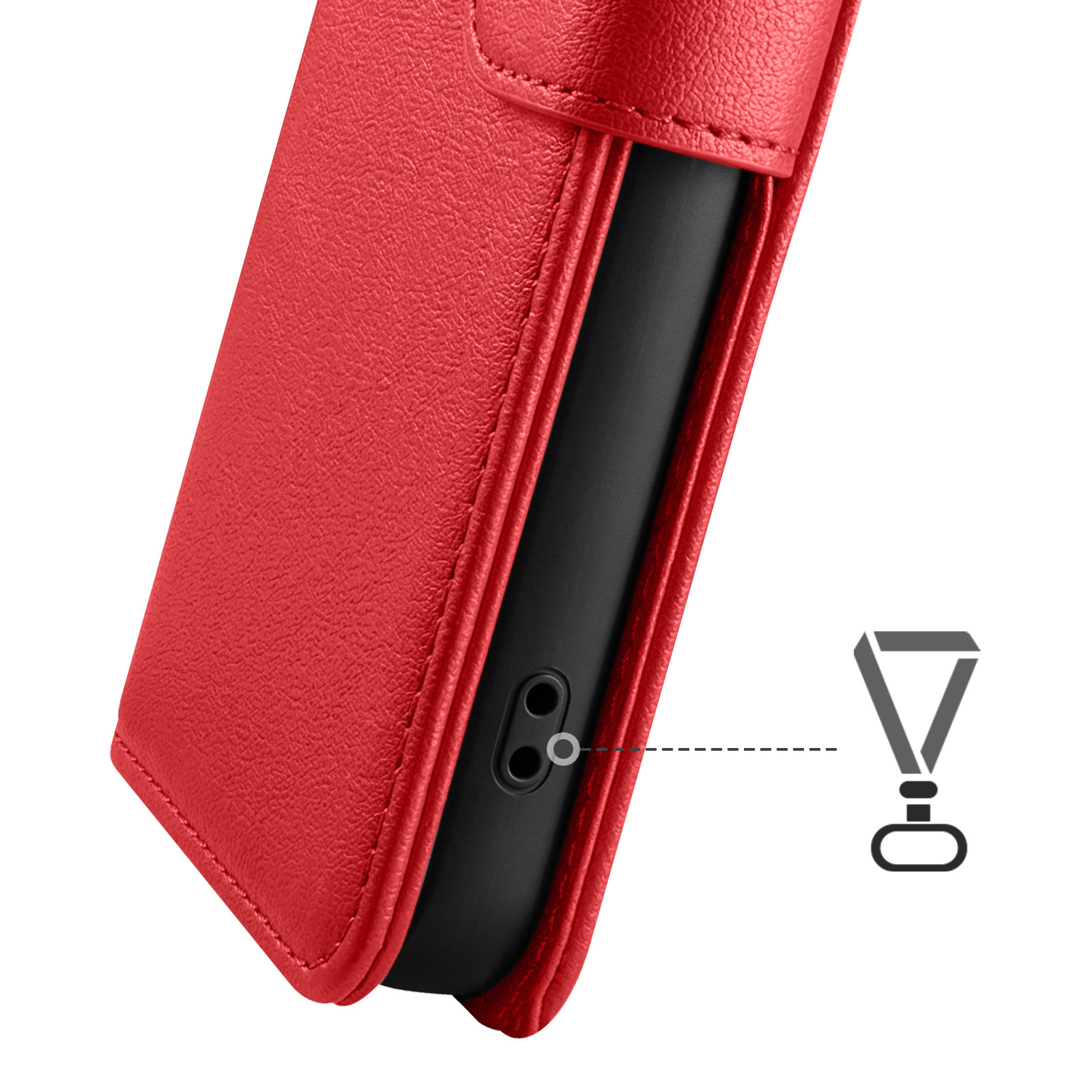 Funda roja para teléfono con inserto negro e icono de cordón.
