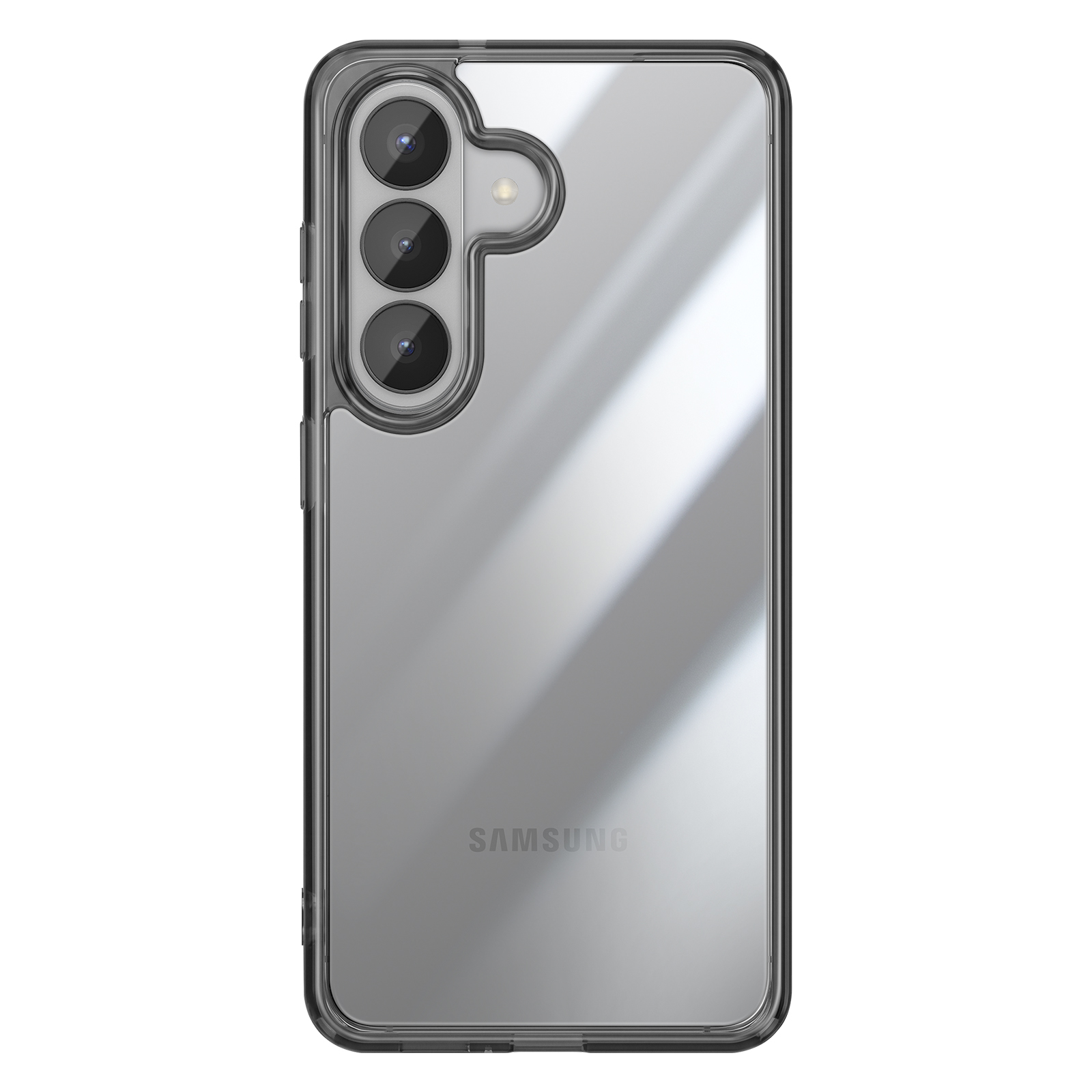 Rückseite eines durchsichtigen Samsung-Handys mit drei Kameralinsen und Blitz.