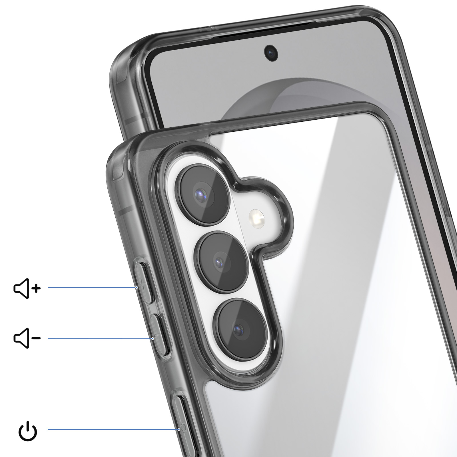 Nahaufnahme eines transparenten Handycovers mit sichtbaren Kameras und Tasten.