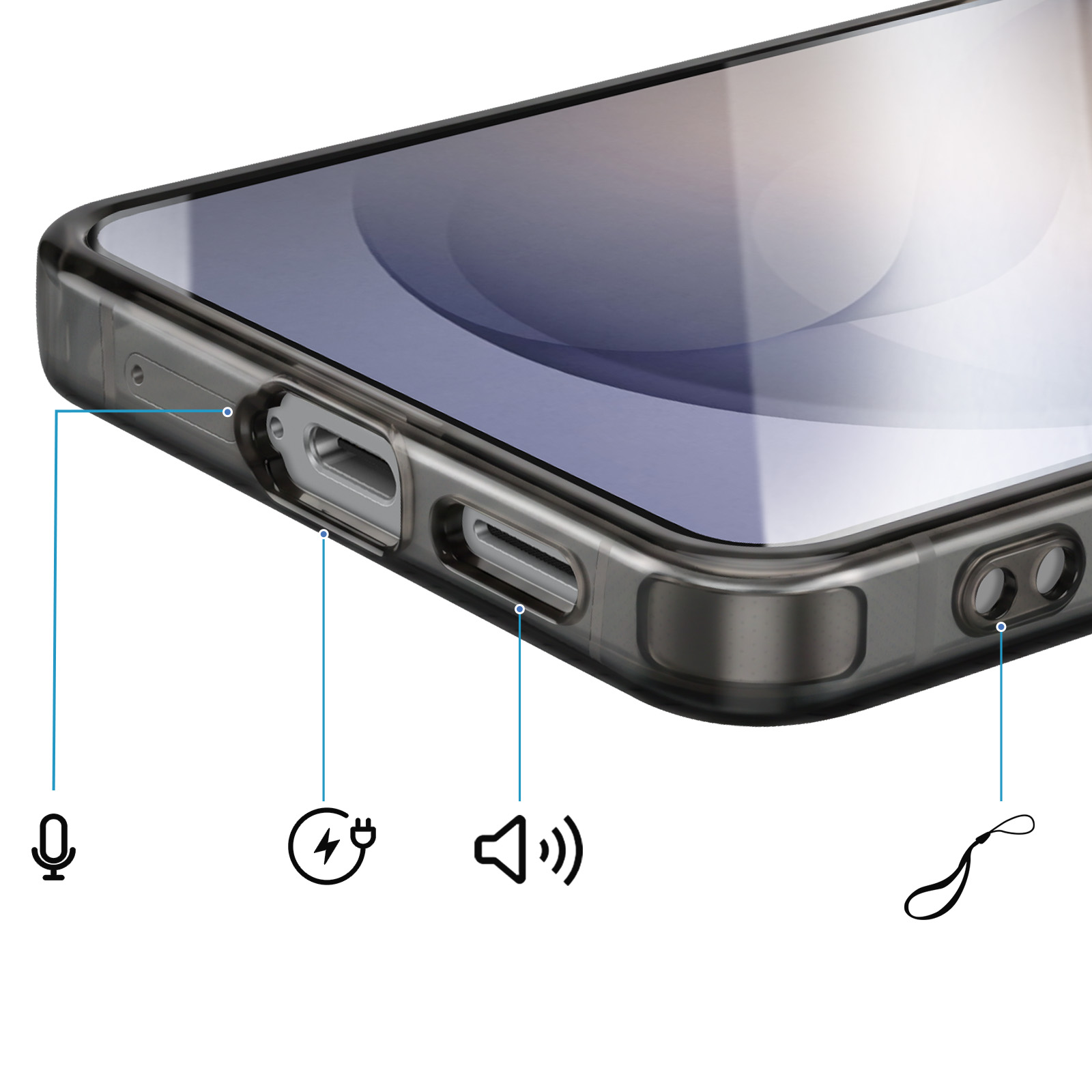 Transparente Handyhülle mit Mikrofon-, Lade-, Lautsprecher- und Lanyard-Öffnungen.