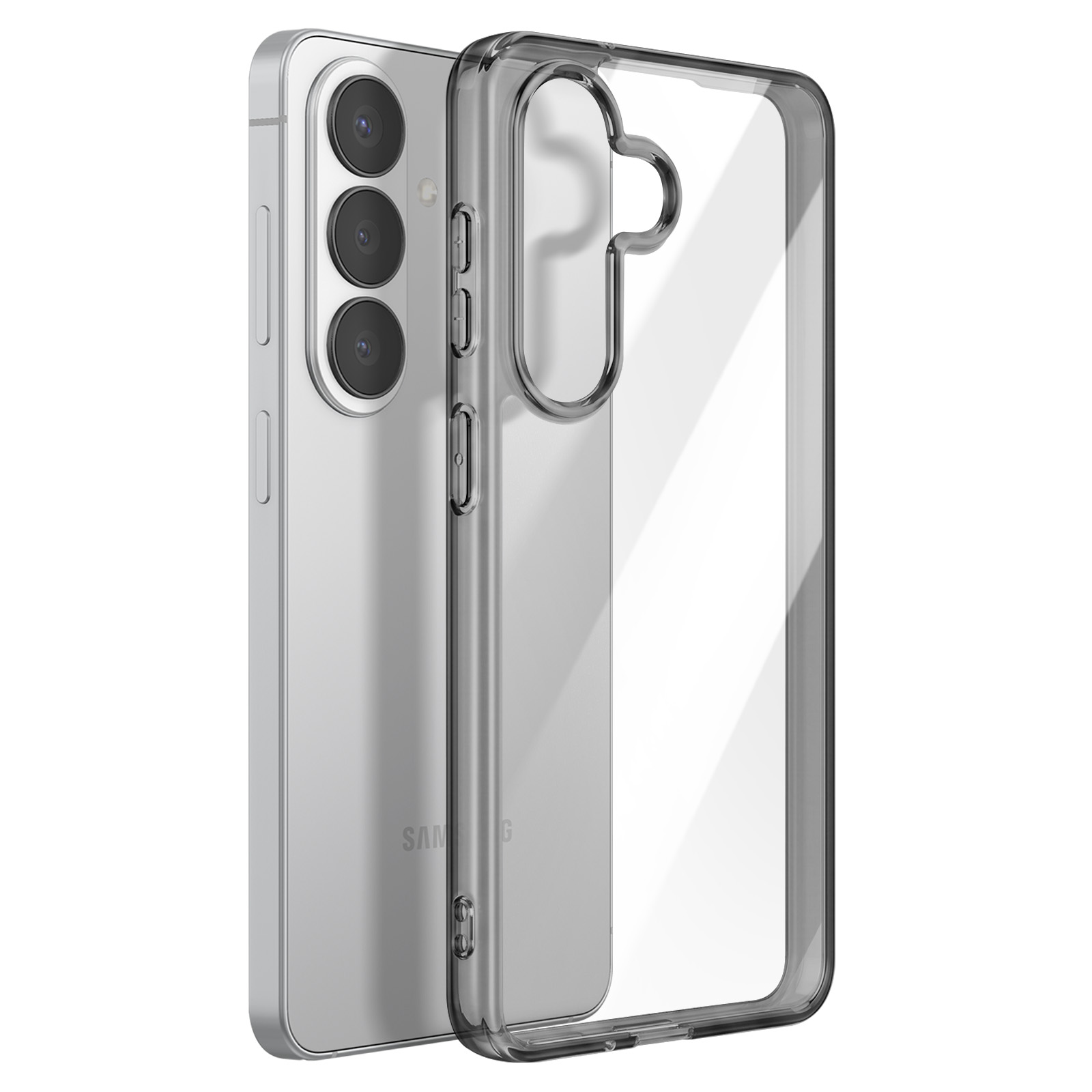 Eine durchsichtige Handyhülle liegt neben einem silbernen Smartphone mit drei Rückkameras.