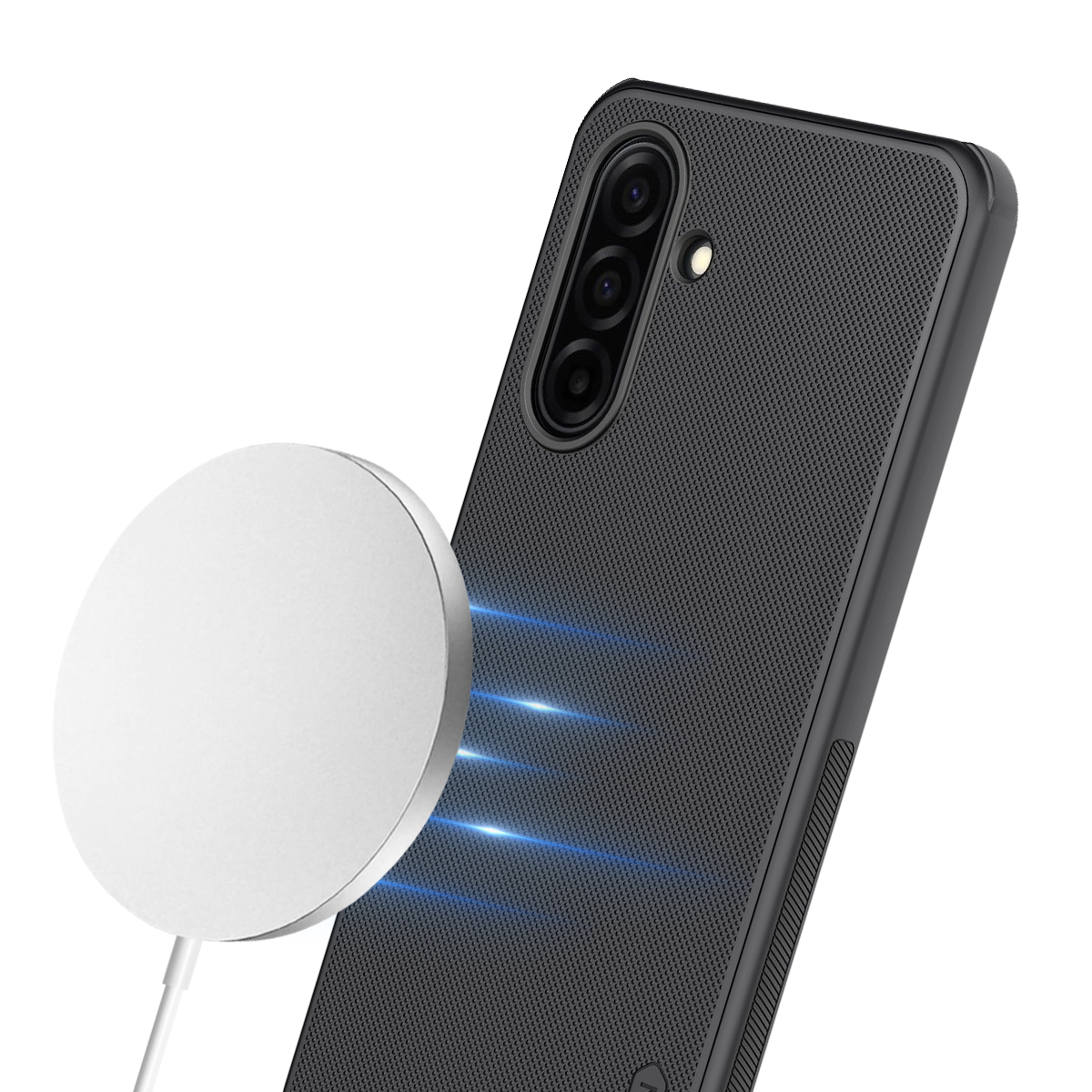 Ein schwarzes Handy mit einer Kamera und einem weißen Ladegerät daneben.