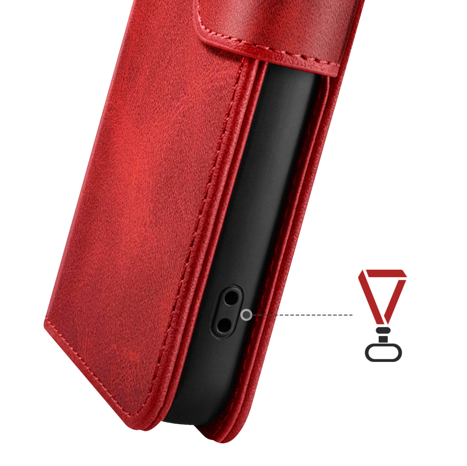 Rote Lederhülle mit schwarzem Telefon, zeigt Ladeanschluss und Schnurschlaufe.