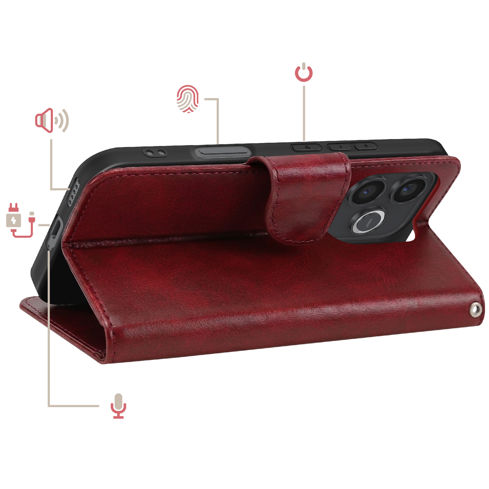 Rotes Leder-Flip-Case für ein Smartphone mit Kamera, Knöpfen und Anschlüssen.