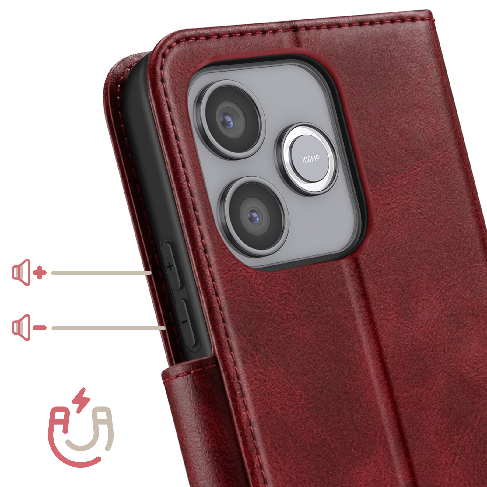 Rote Lederhülle für ein Smartphone mit drei Kameras und 108MP-Aufschrift.