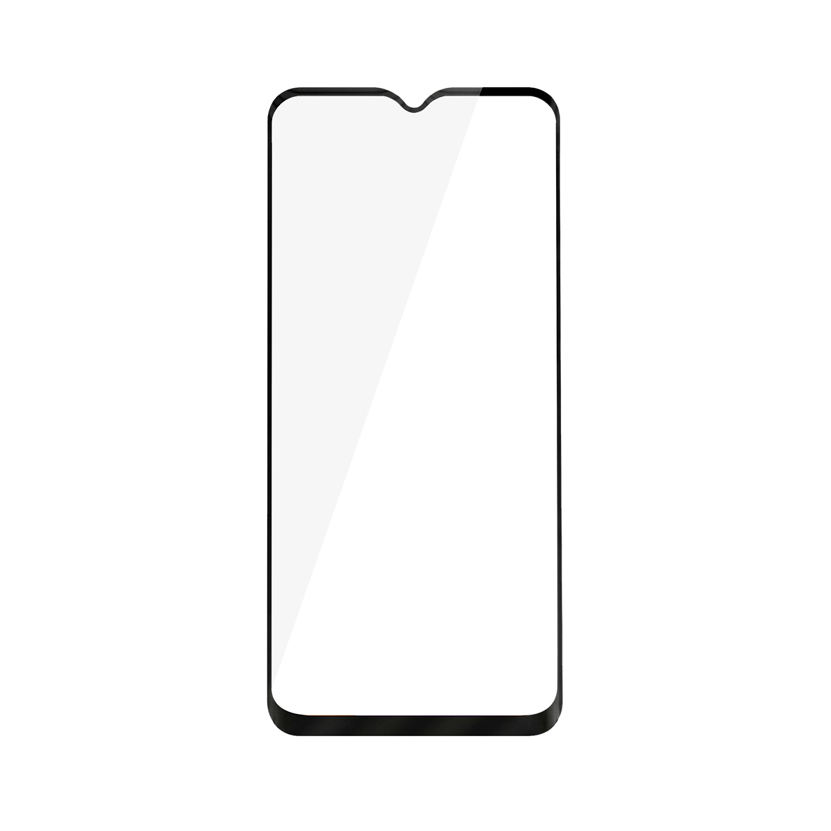 Un protector de pantalla transparente con borde negro y muesca arriba.