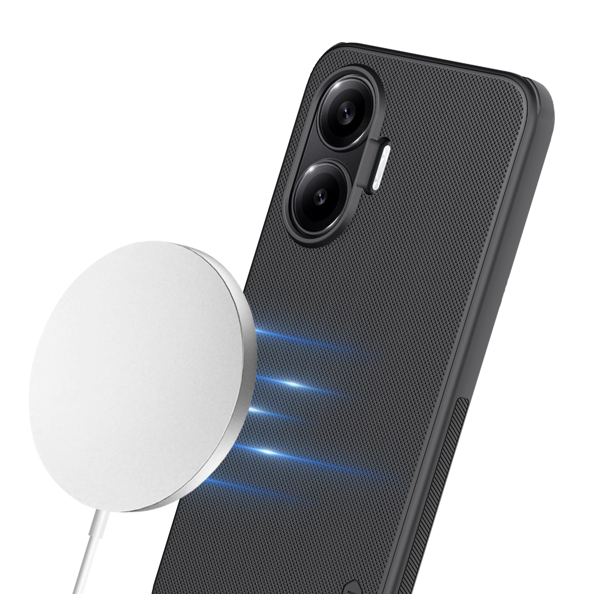 Ein schwarzes Handy mit zwei Kameras und ein weißes Ladegerät.