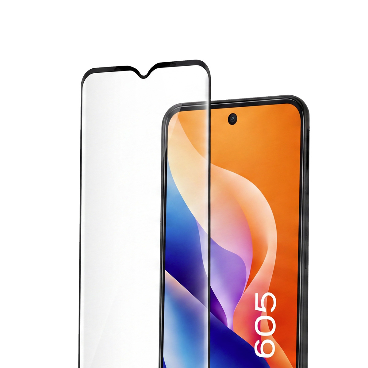 Un protector de pantalla de cristal yace junto a un smartphone con fondo naranja.