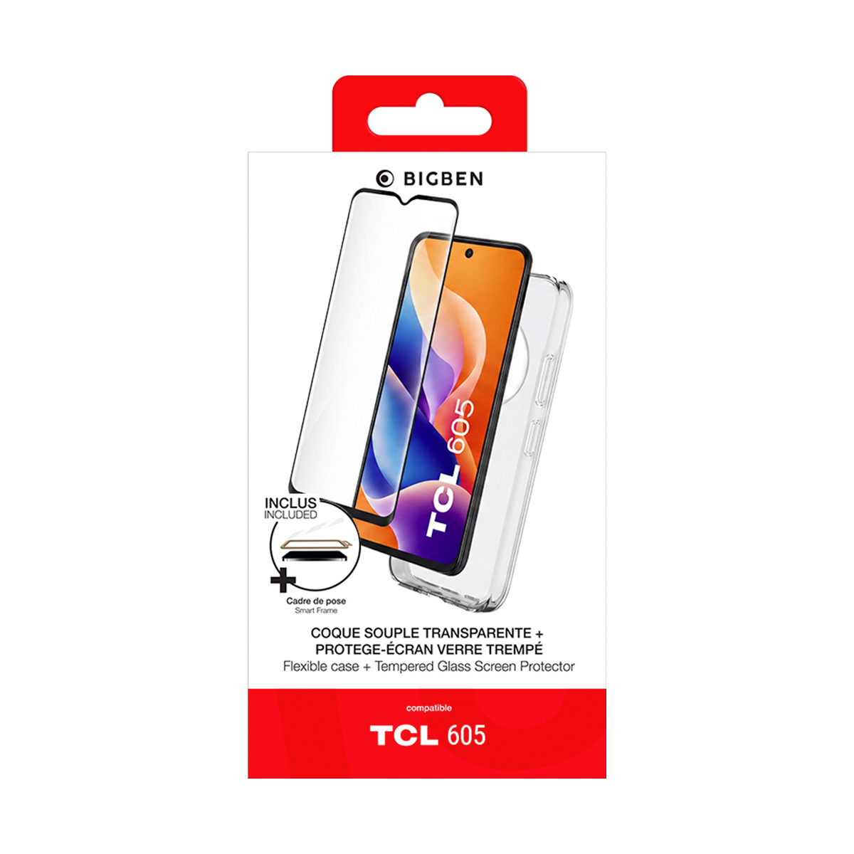 Embalaje Bigben de funda flexible y protector de pantalla de vidrio templado para TCL 605.