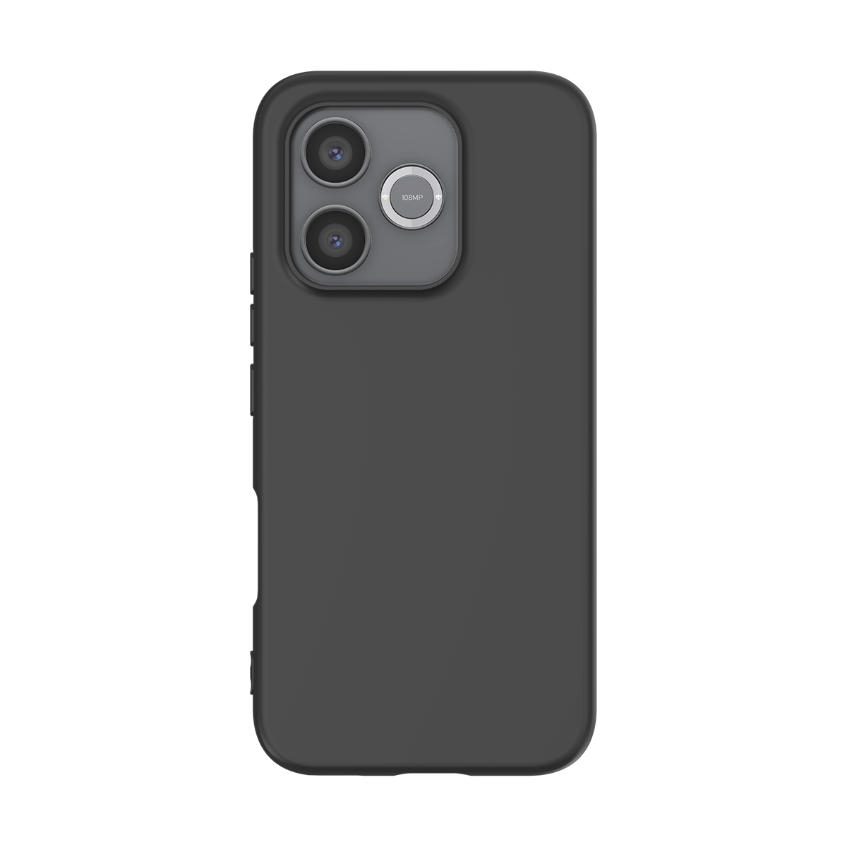 Parte trasera de una funda de smartphone gris oscuro con módulo de triple cámara y etiqueta 108MP.