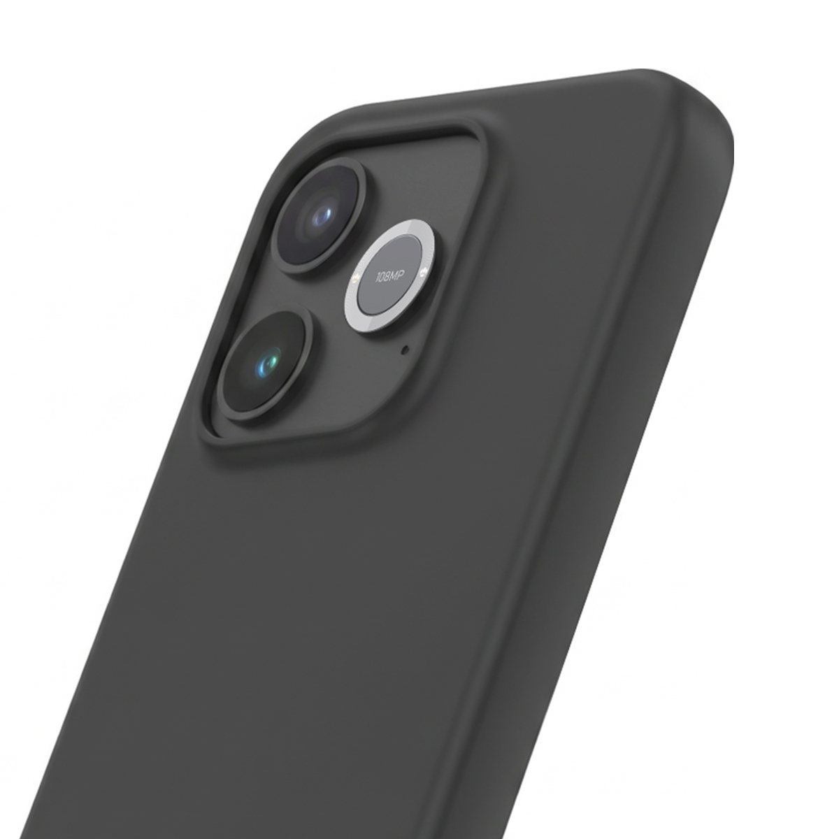 Teléfono gris oscuro con tres cámaras traseras, una con etiqueta de 108MP.