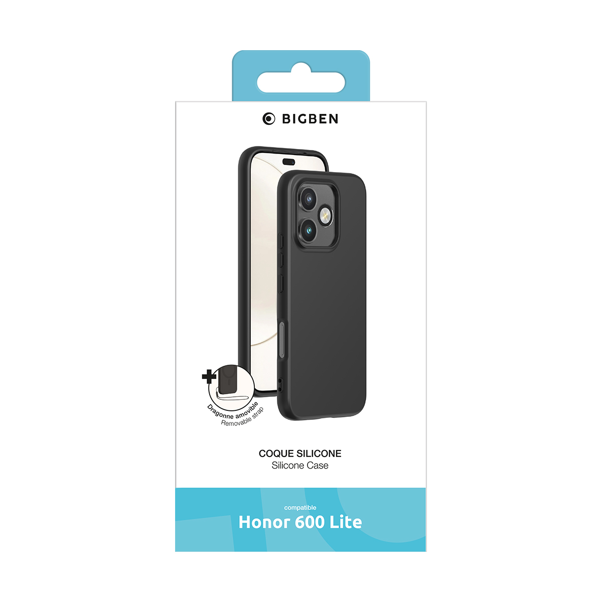 Funda negra para Honor 60 Lite en embalaje con detalle de correa extraíble.