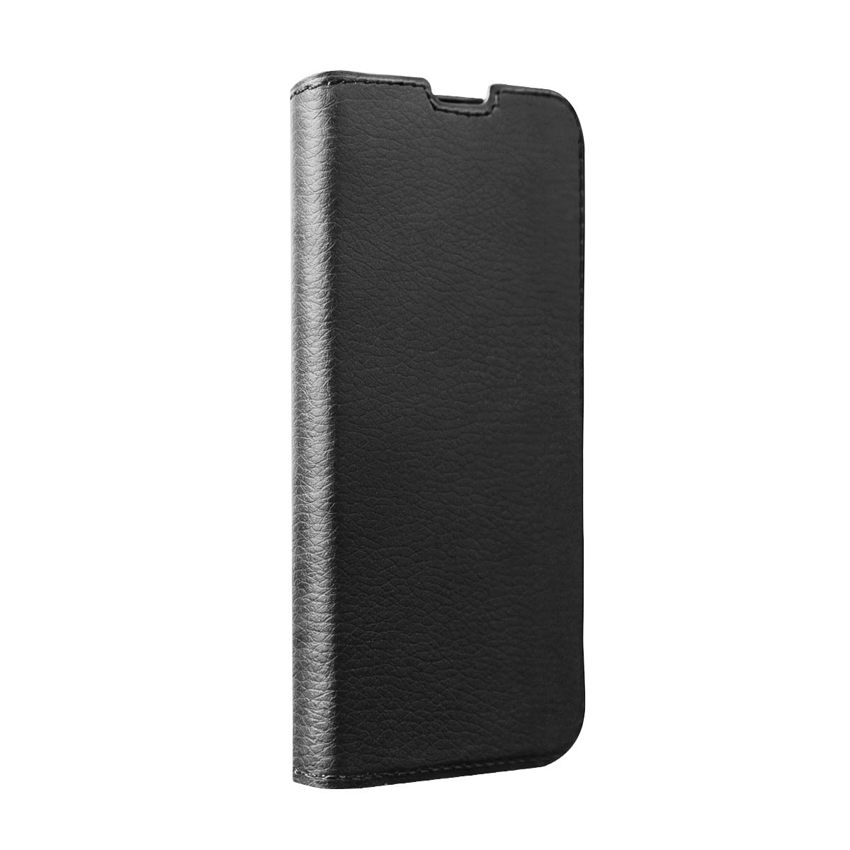Una funda de teléfono abatible de cuero negro texturizado y cerrada.
