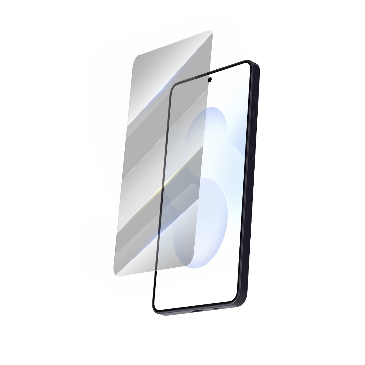 Ein Smartphone mit einem Displayschutz, das auf einem weißen Hintergrund liegt.